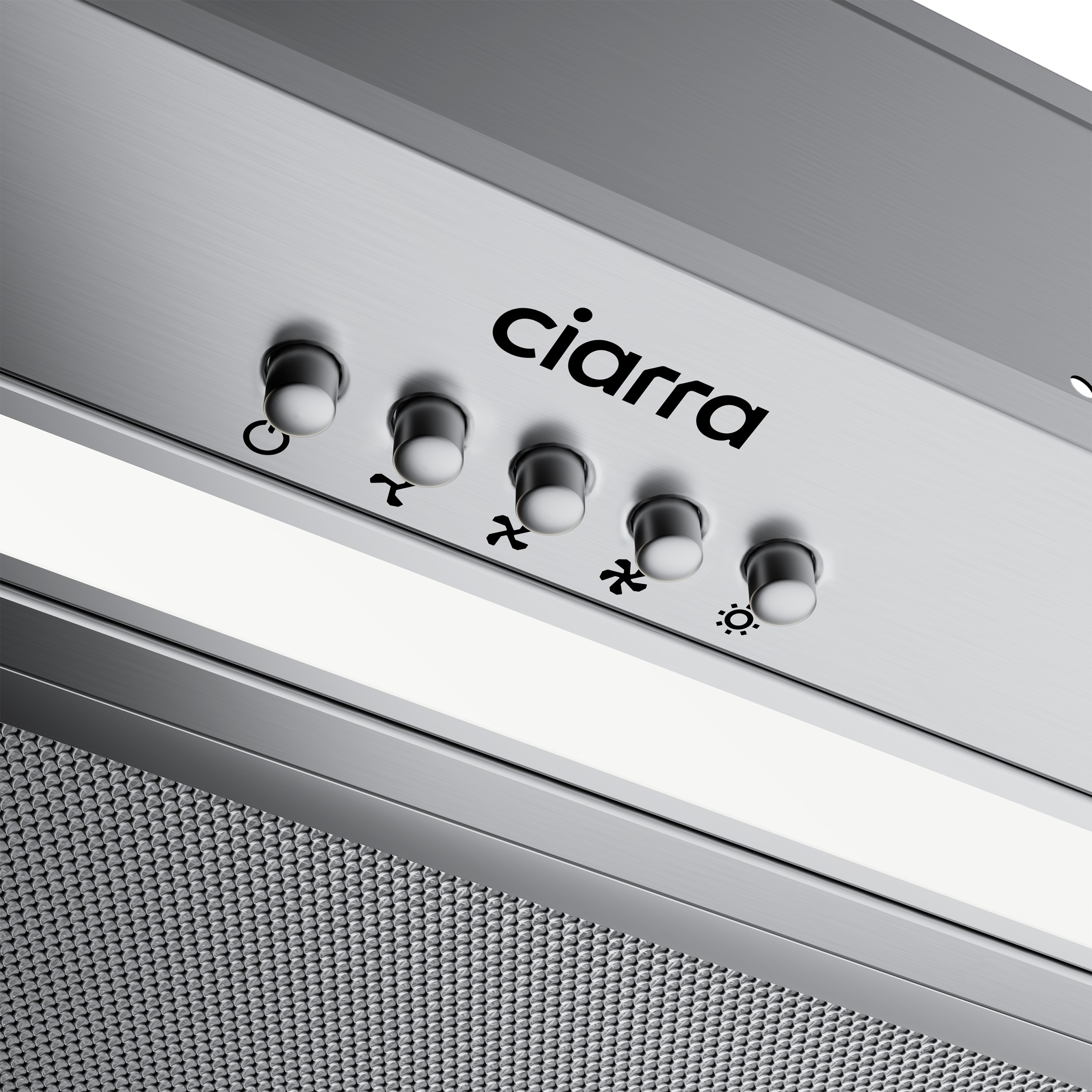 Close up of a ciarra hood control panel. Buttons and an LED light are visible.