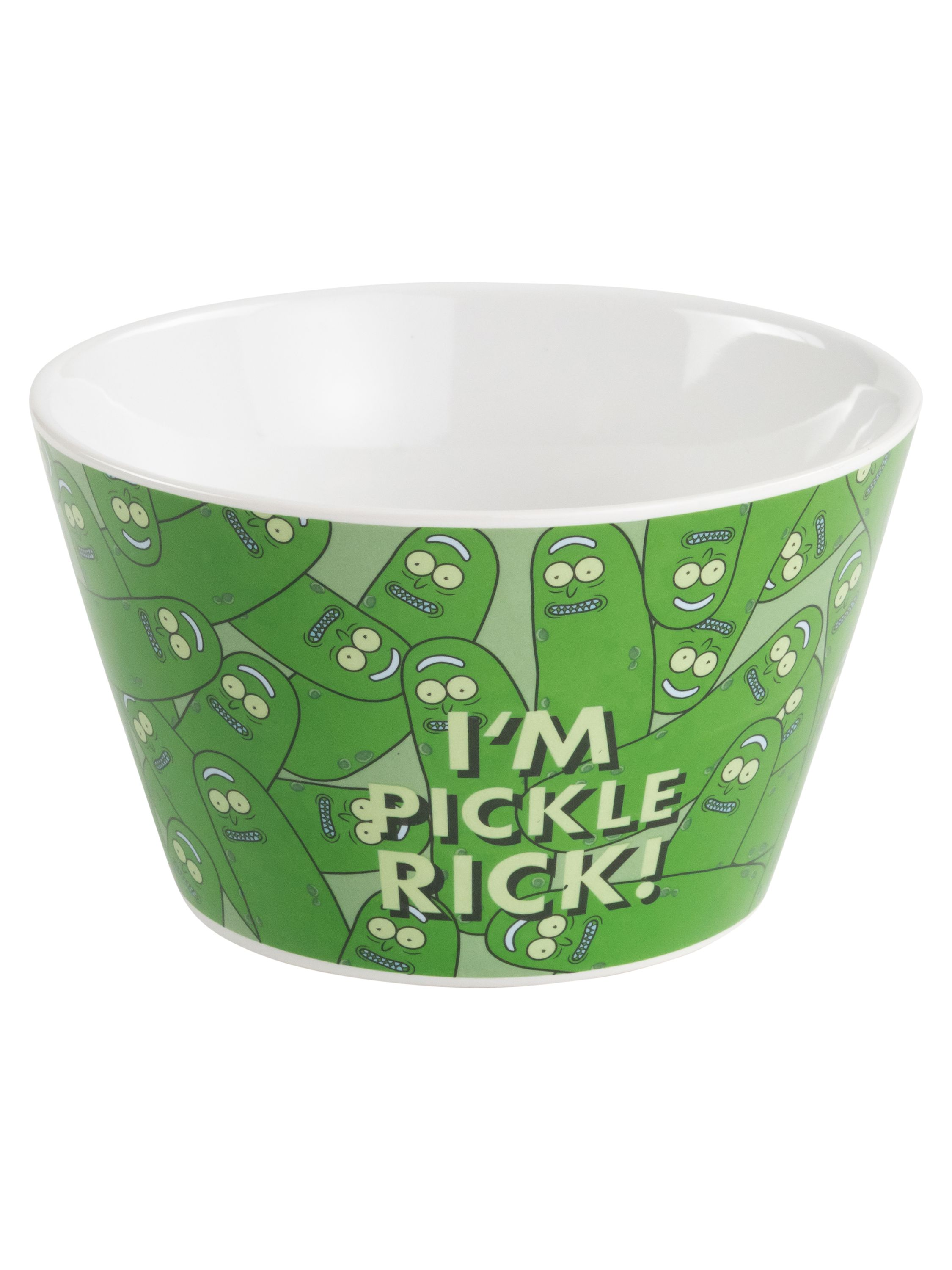 Eine grüne Schüssel mit einem Muster aus lächelnden Pickle Rick-Gesichtern, isoliert auf weißem Hintergrund.