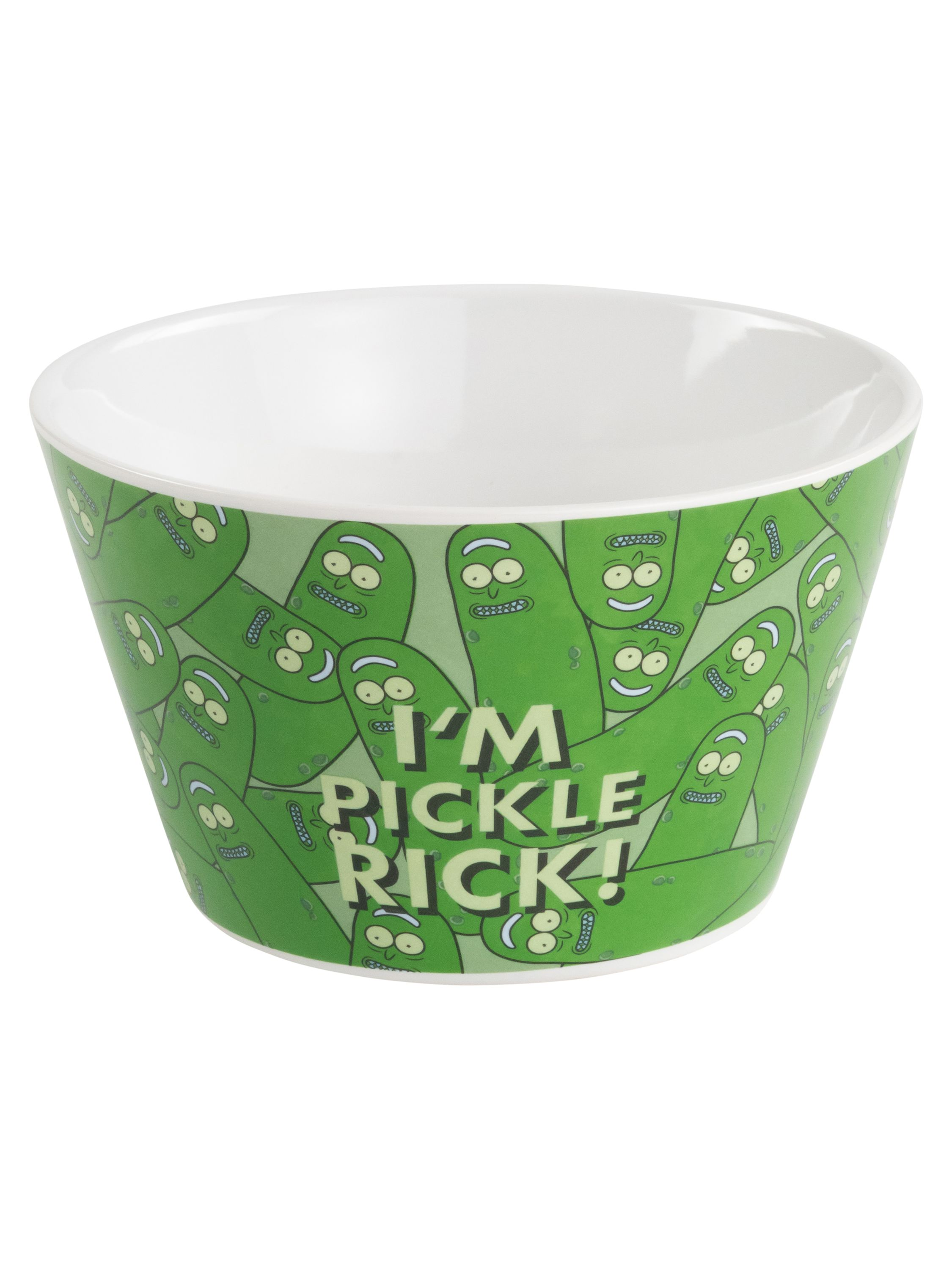 Eine grüne Schüssel mit Gurken-Motiv und dem Text "I'M PICKLE RICK!". Weißes Innere.