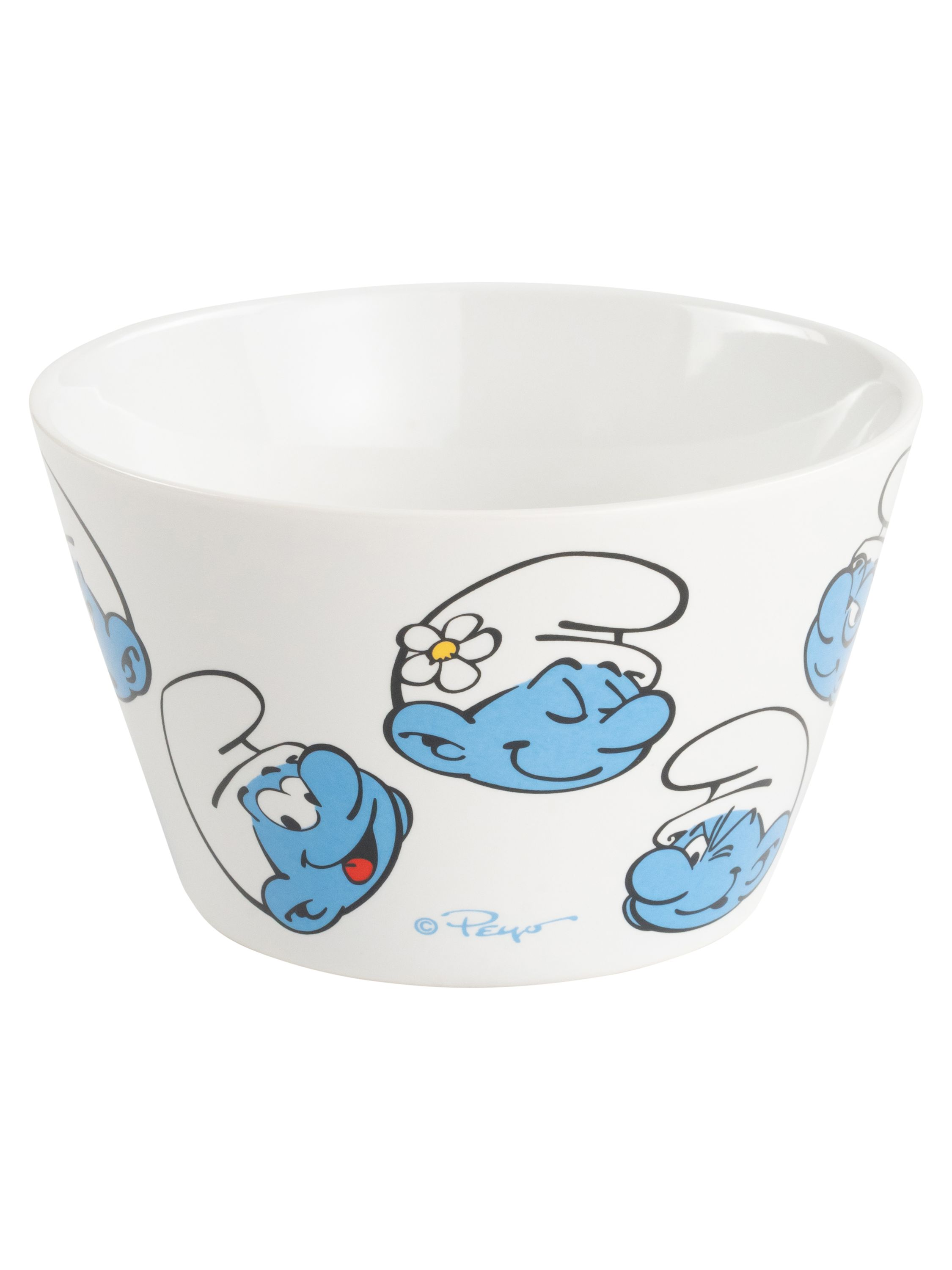 Weißer Keramiknapf mit einem Muster aus blauen Schlumpf-Charakteren.