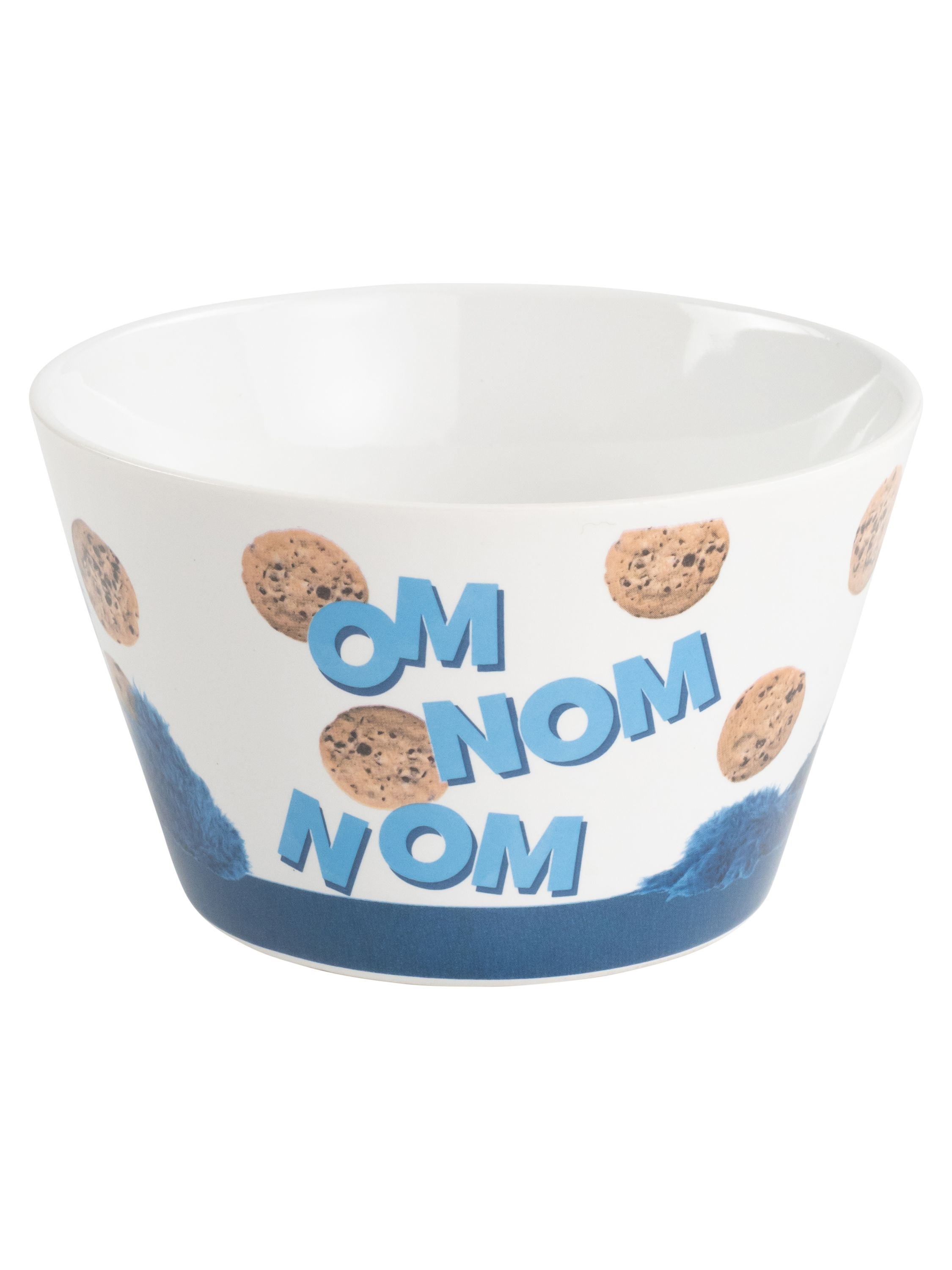 Eine weiße Schüssel mit Keksen und den Worten 'Om Nom Nom'. Die Schüssel hat ein Cookie Monster Design.