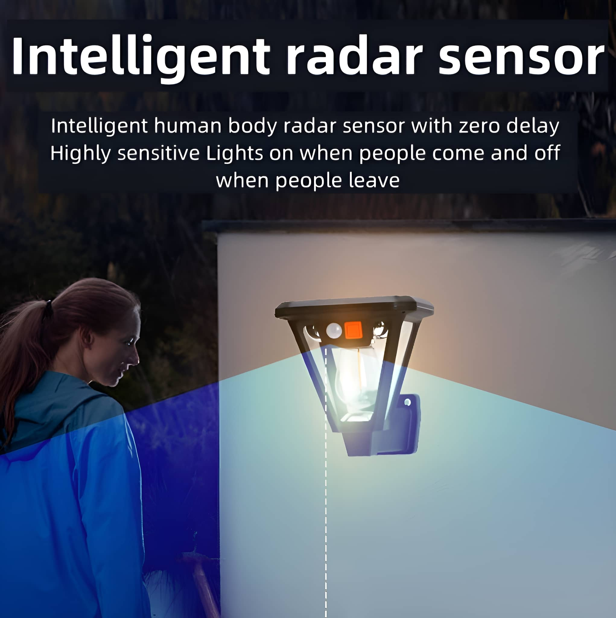 Frau an einer Wand mit Solarlicht. Text: Intelligenter Radarsensor.