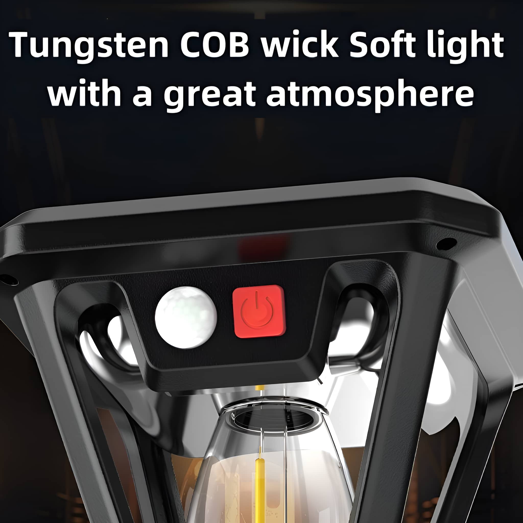 Schwarze Lampe mit rotem Ein-Aus-Knopf und Glühbirne. Das Licht hat einen warmen Schein.