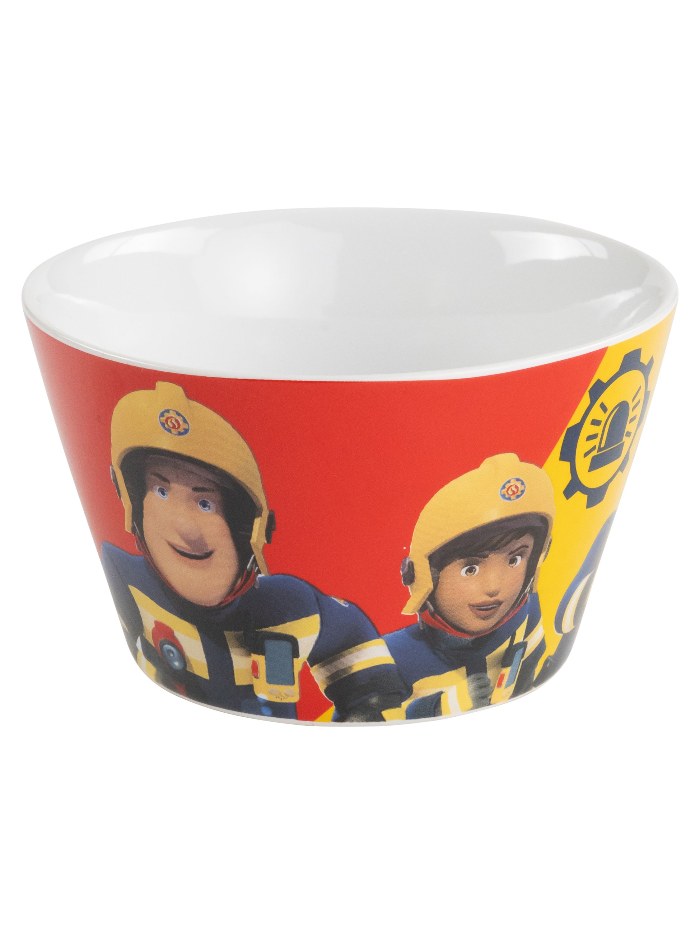 Eine weiße und rote Schüssel mit Cartoon-Bildern von zwei Feuerwehrleuten.