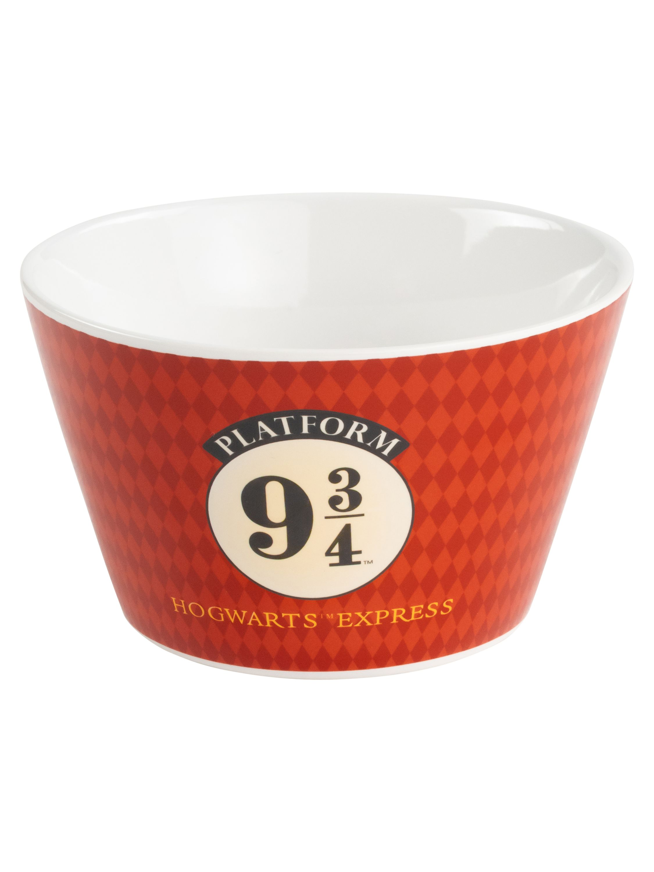 Ein roter, gemusterter Harry-Potter-Becher mit dem Logo von Gleis 9 3/4.
