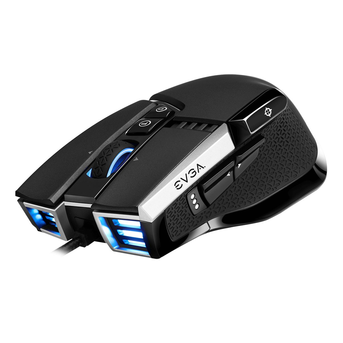 Ratón gaming negro con luces azules y múltiples botones, logo EVGA visible.