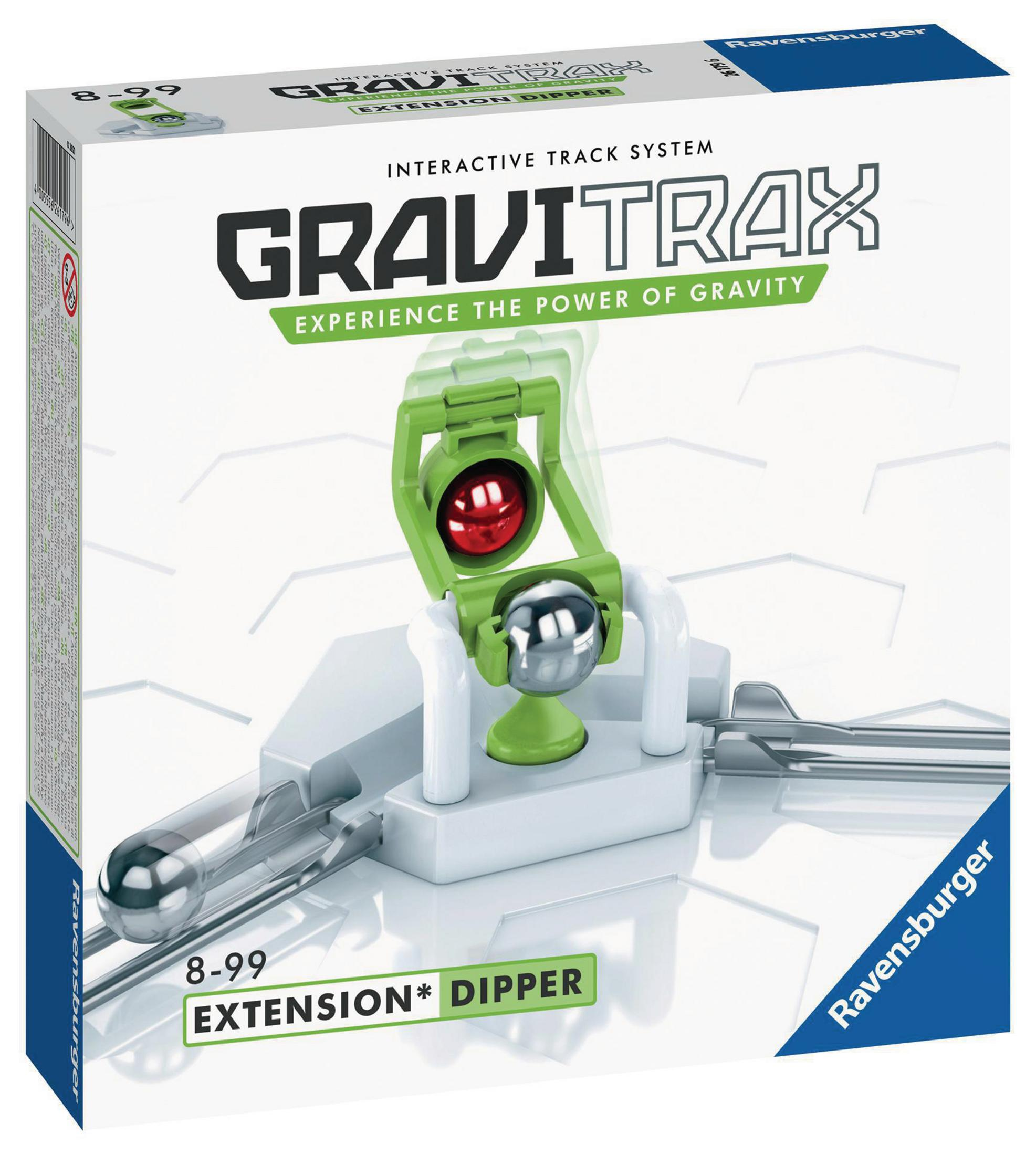 Gioco Gravitrax. Viene mostrato un dispositivo meccanico con una sfera rossa e una d'argento.