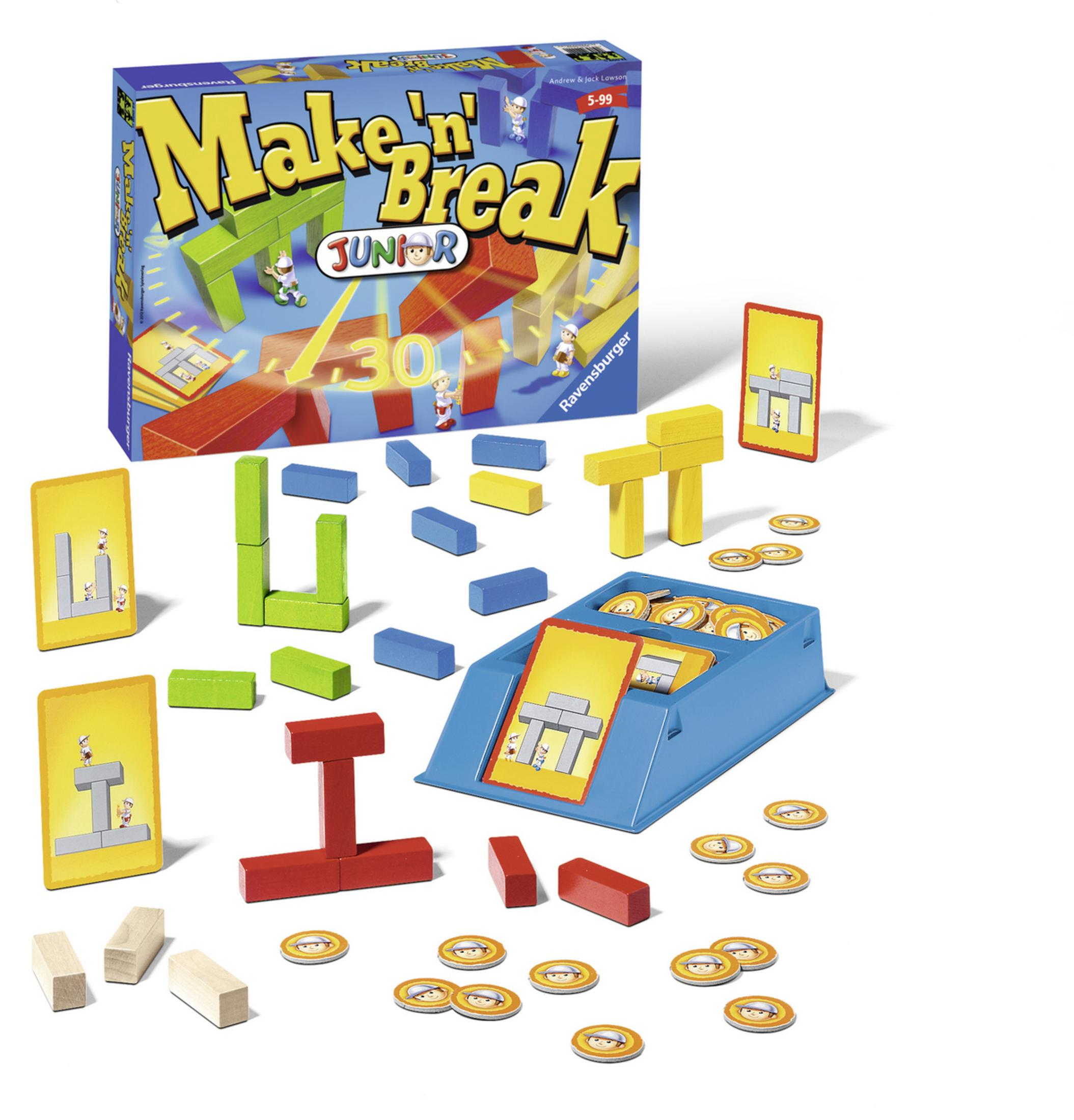 Un juego de mesa llamado Make'n'Break Junior, con bloques de madera y cartas.