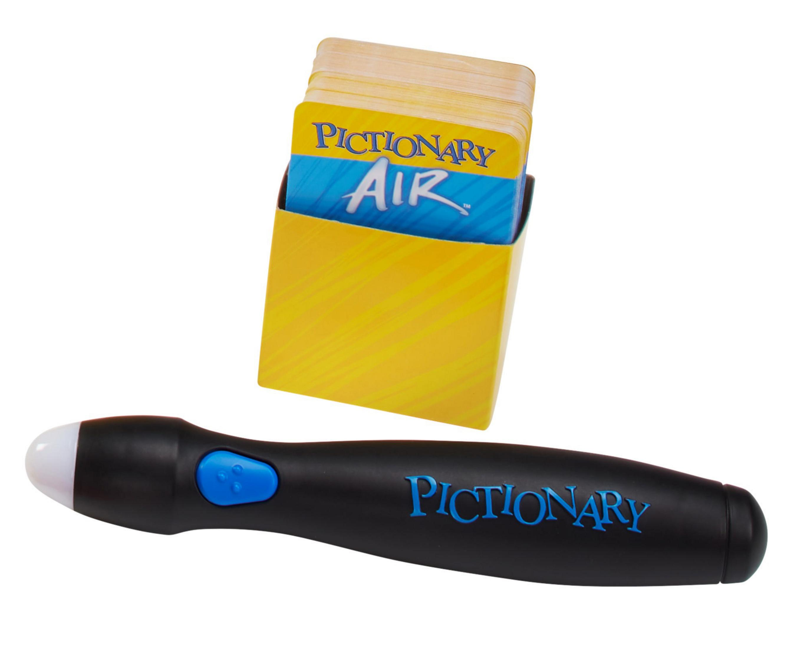 Pictionary Air Spielset: Stift und Karten. Gelbe und blaue Farben.