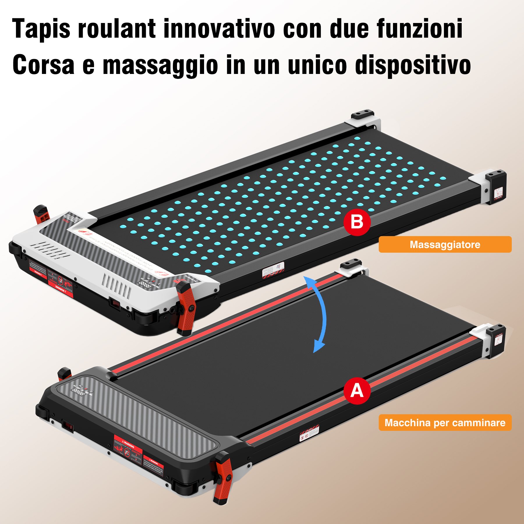 Due tapis roulant. Uno è per il massaggio, l'altro per camminare. Testo in italiano.