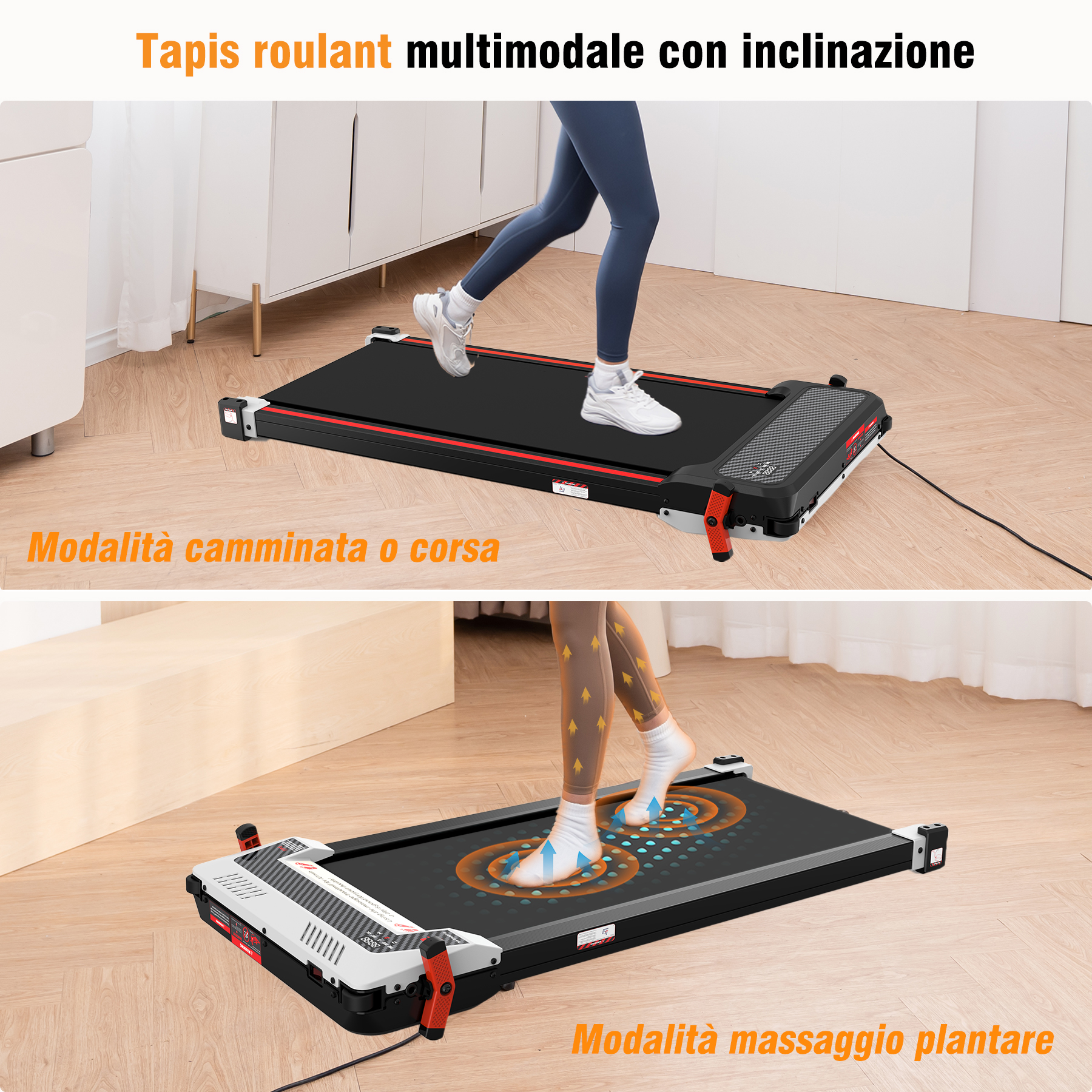 Tapis roulant multimodale con inclinazione. Mostra le modalità camminata e massaggio plantare. Design nero e rosso.