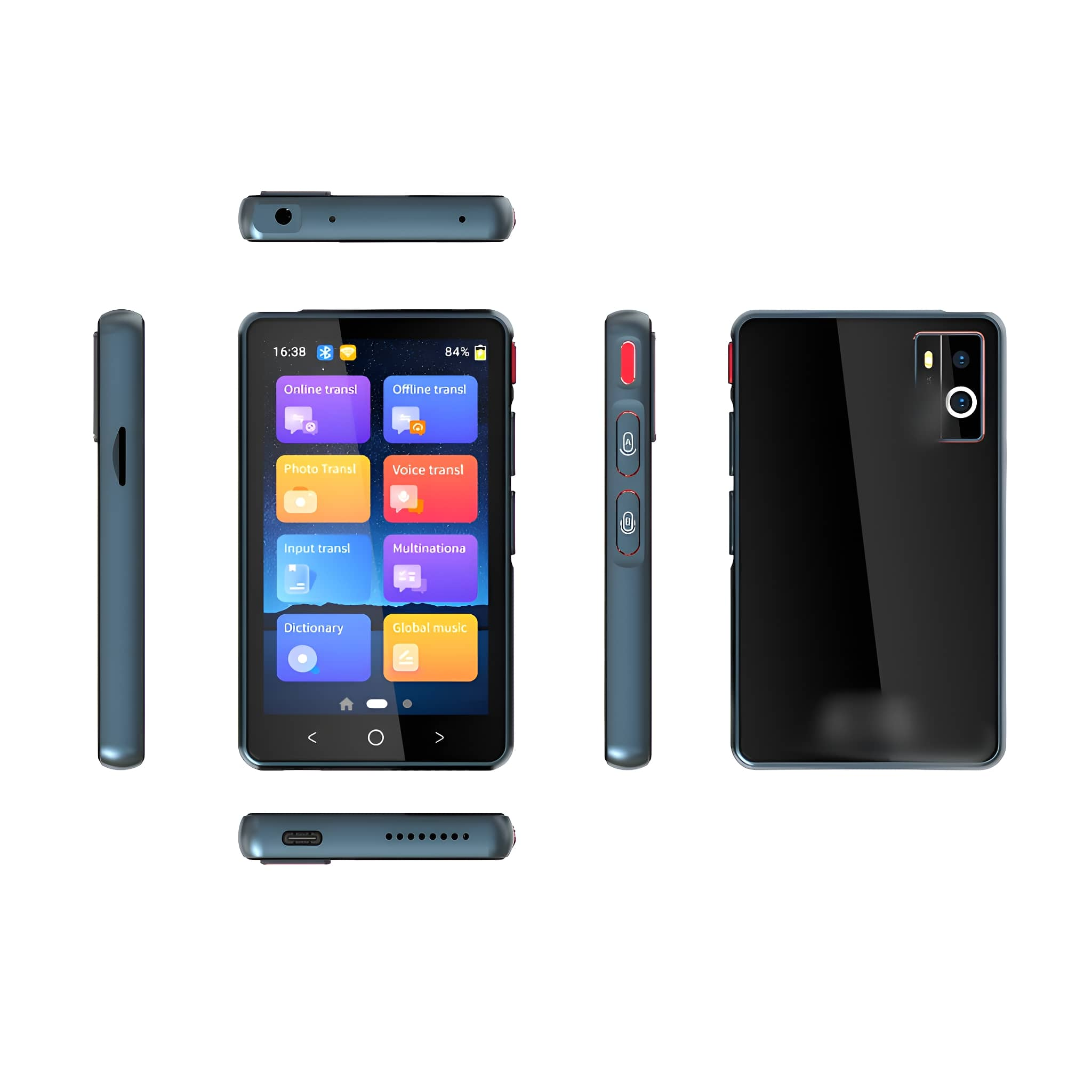 Mehrere Ansichten eines blauen Smartphones, die seinen Bildschirm und seine Tasten zeigen.