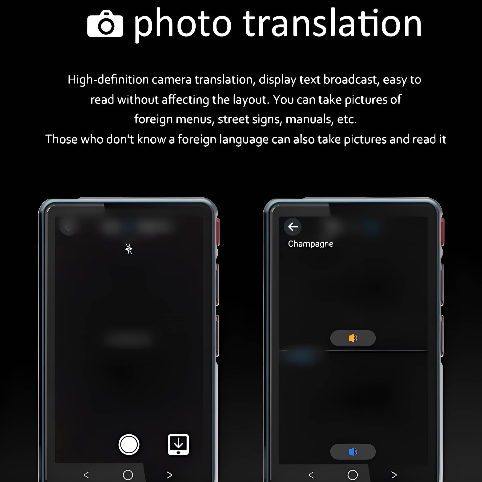 Zwei Telefone zeigen eine Übersetzungs-App. Eines zeigt die Kameraansicht, das andere Text.