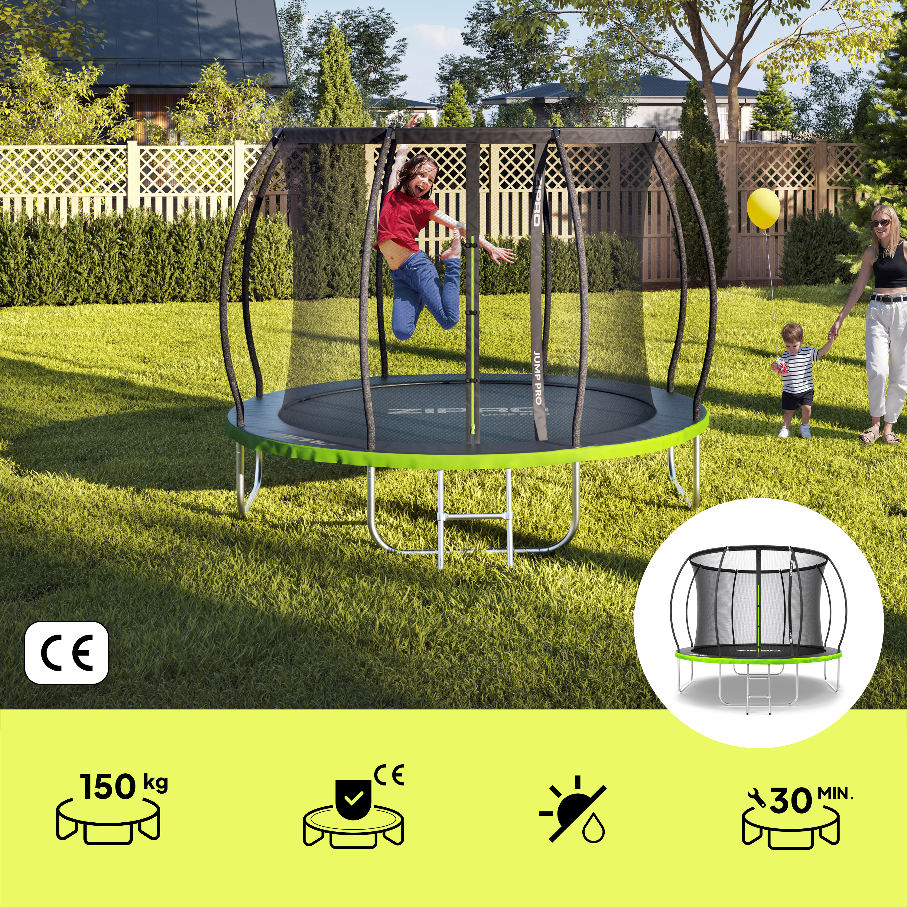 Trampolin im Garten mit springender Person. Kind und Erwachsener im Bild.