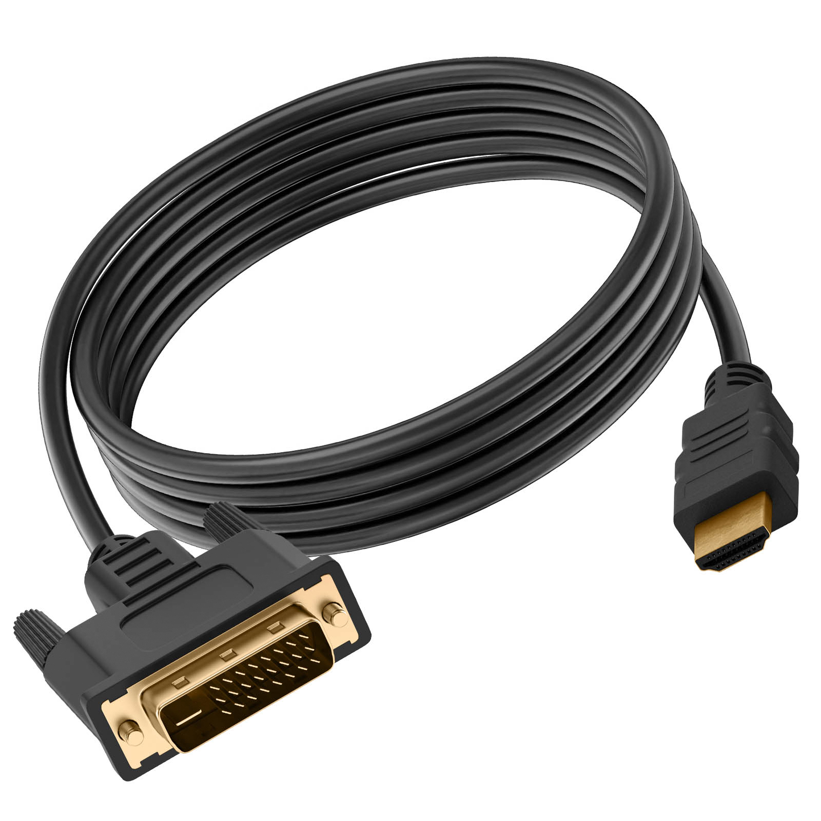 Cavo DVI a HDMI nero con connettori dorati, su sfondo bianco.