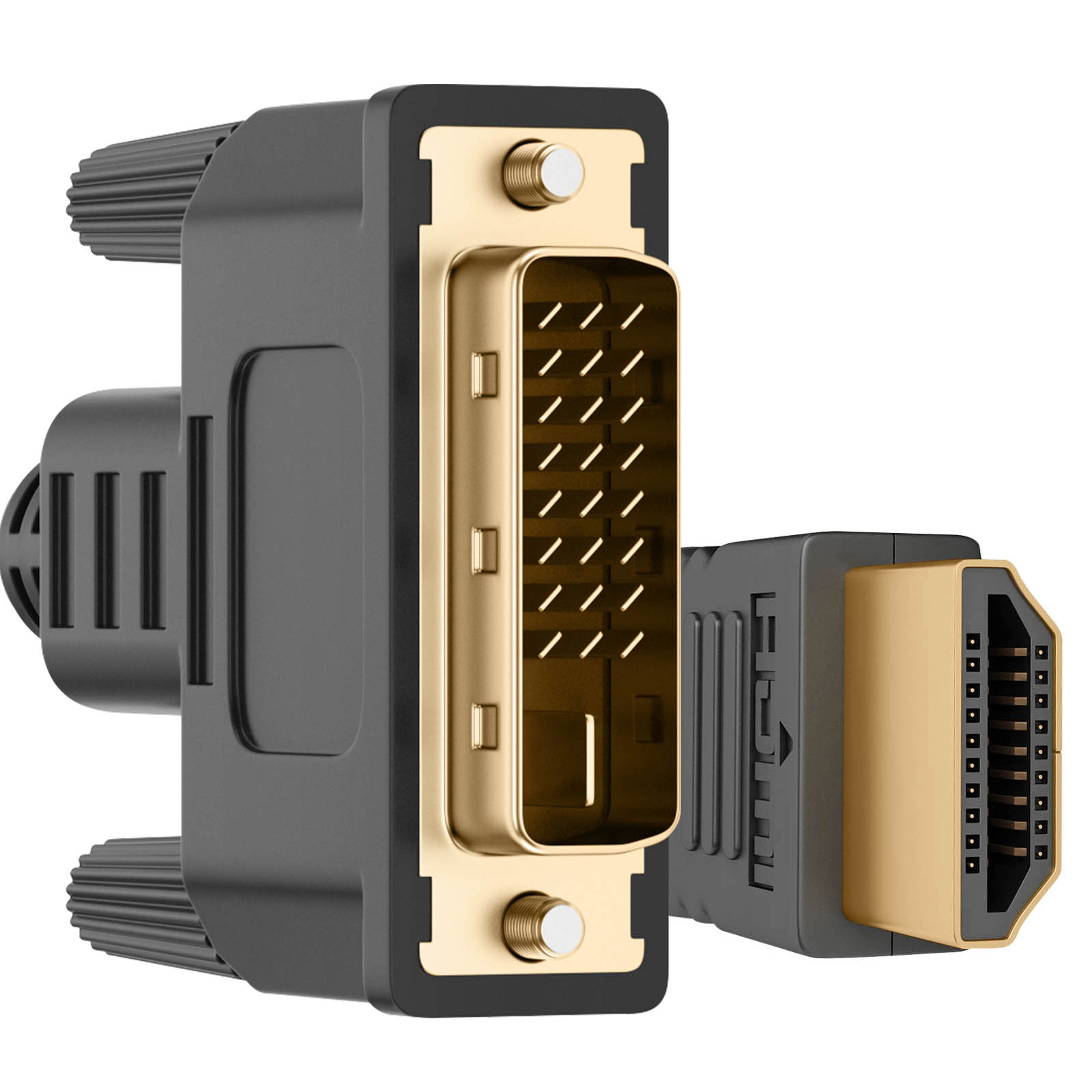 Un adattatore da DVI a HDMI nero e oro. Ha connettori su entrambe le estremità. Lo sfondo è bianco.