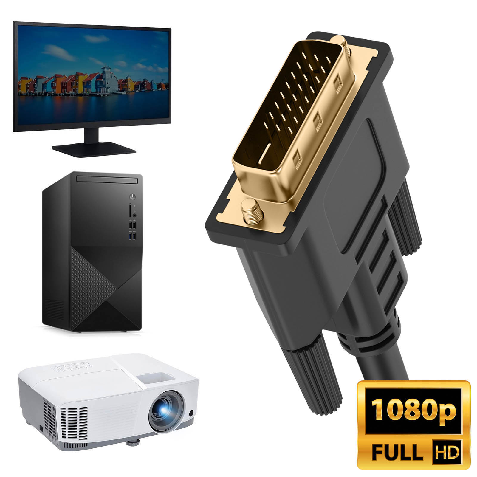 Un monitor per computer, un computer desktop, un proiettore e un cavo DVI sono in mostra.