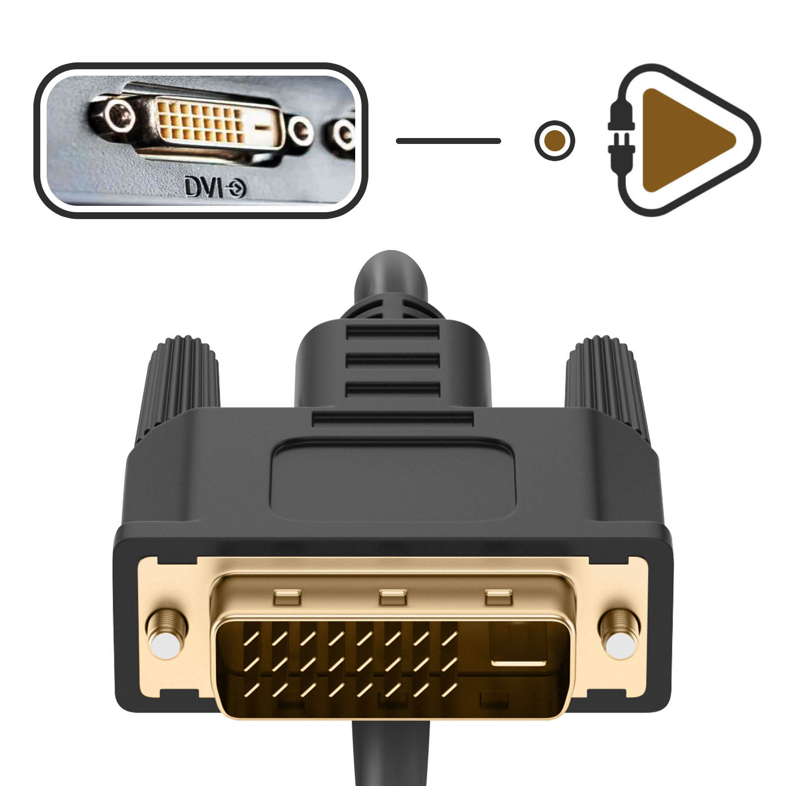 Un connettore DVI con un cavo collegato e un'illustrazione che mostra una connessione a un'icona di riproduzione.