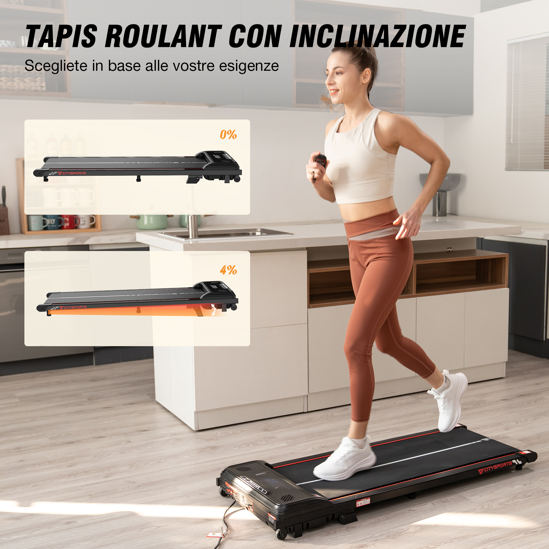 Donna che corre su un tapis roulant. Vengono mostrate due immagini di tapis roulant con diverse inclinazioni.