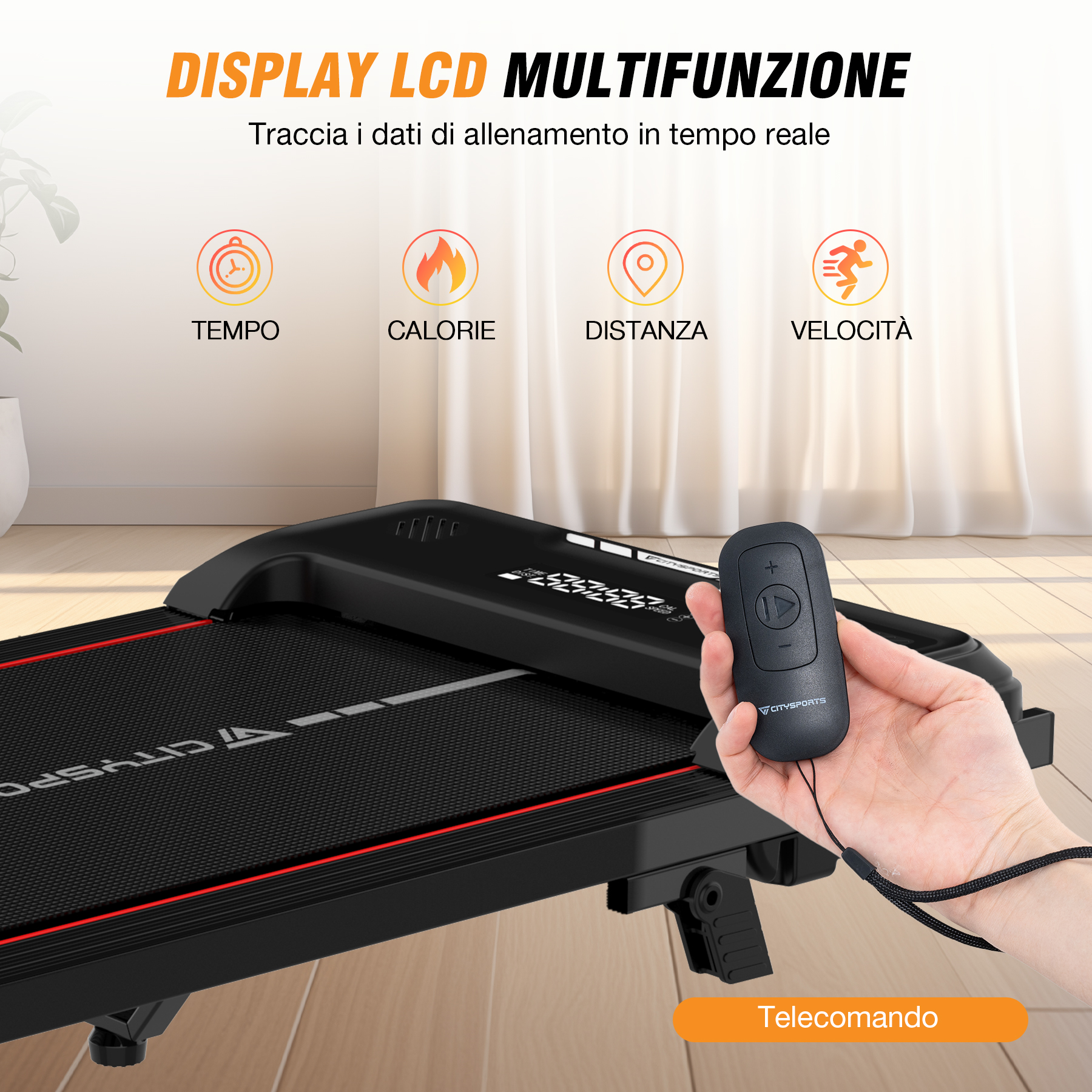 Tapis roulant con display che mostra le statistiche di allenamento, telecomando in mano, scena indoor.