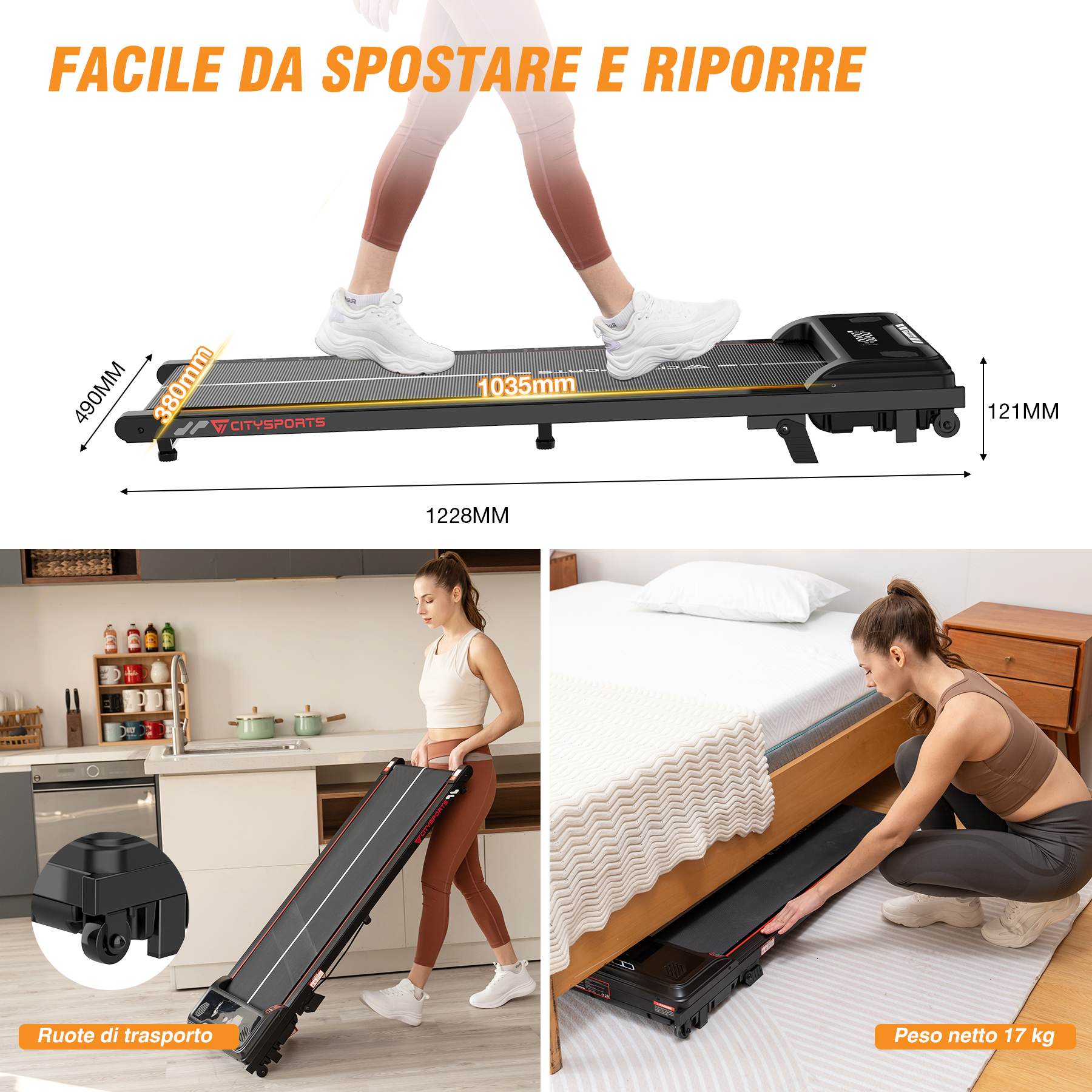 Tapis roulant con una donna che cammina sopra. Il testo indica dimensioni e ruote.