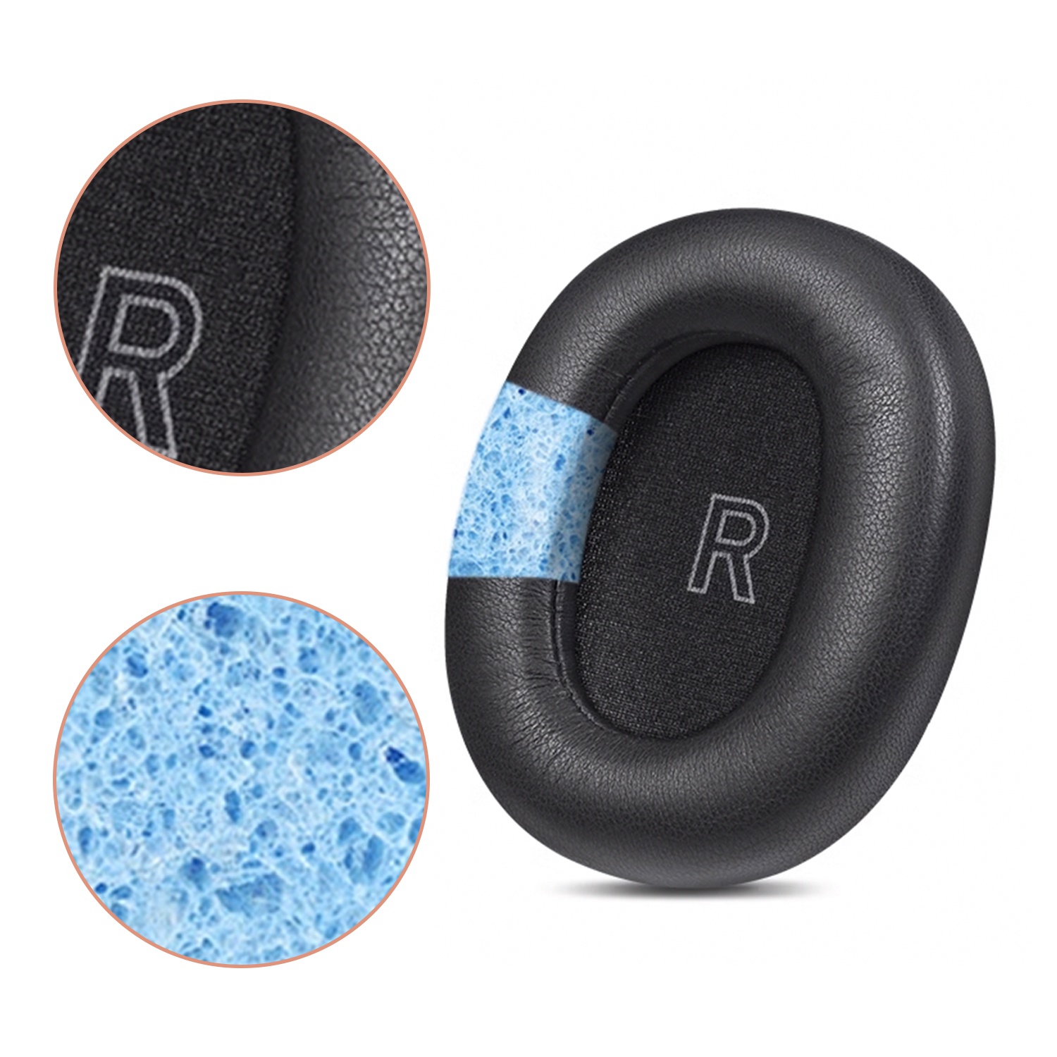Nauszniki do słuchawek. Czarna poduszka ma niebieski materiał gąbczasty i białe „R”.