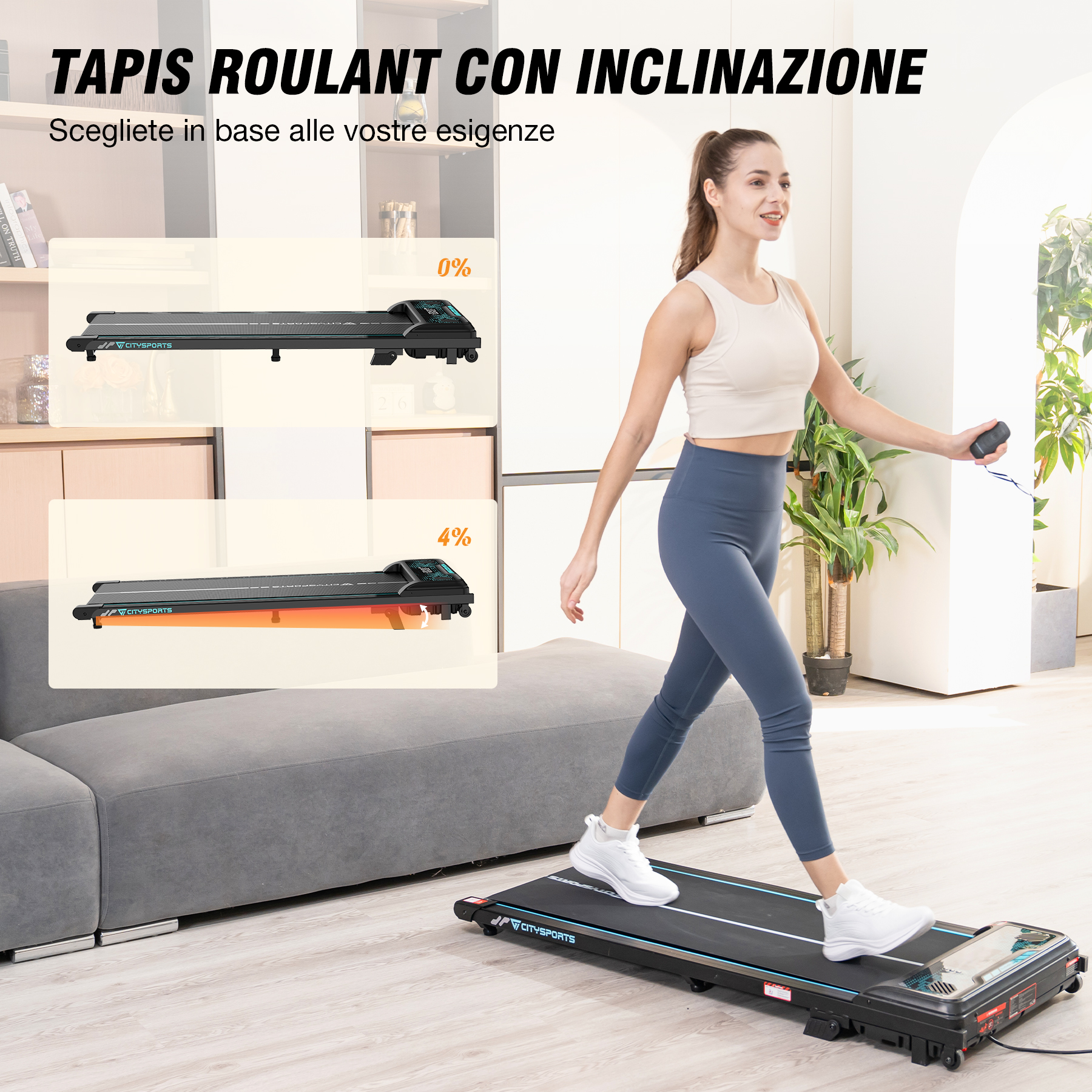 Una donna cammina su un tapis roulant. Ci sono altri due tapis roulant con diverse inclinazioni. Testo in italiano.