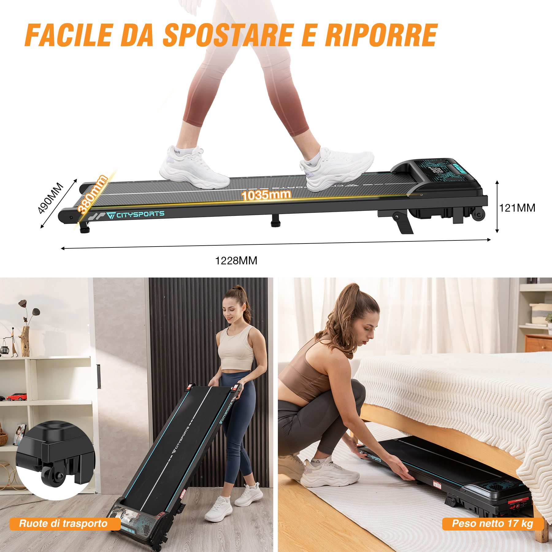 Tapis roulant con dimensioni. Mostra il tapis roulant piegato e in uso. Nero e rosso, con ruote.