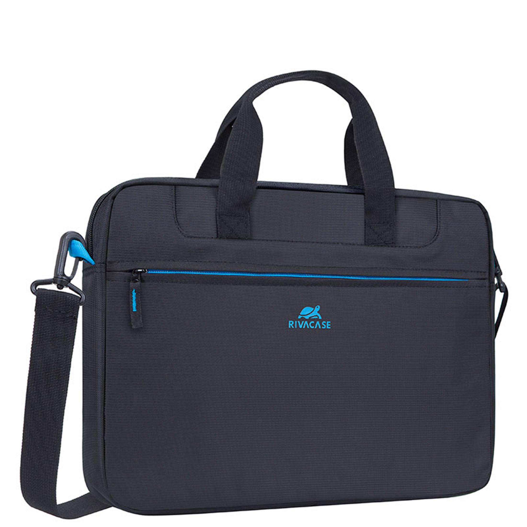 Borsa nera per laptop con dettagli blu, manico, tracolla e logo Rivacase.