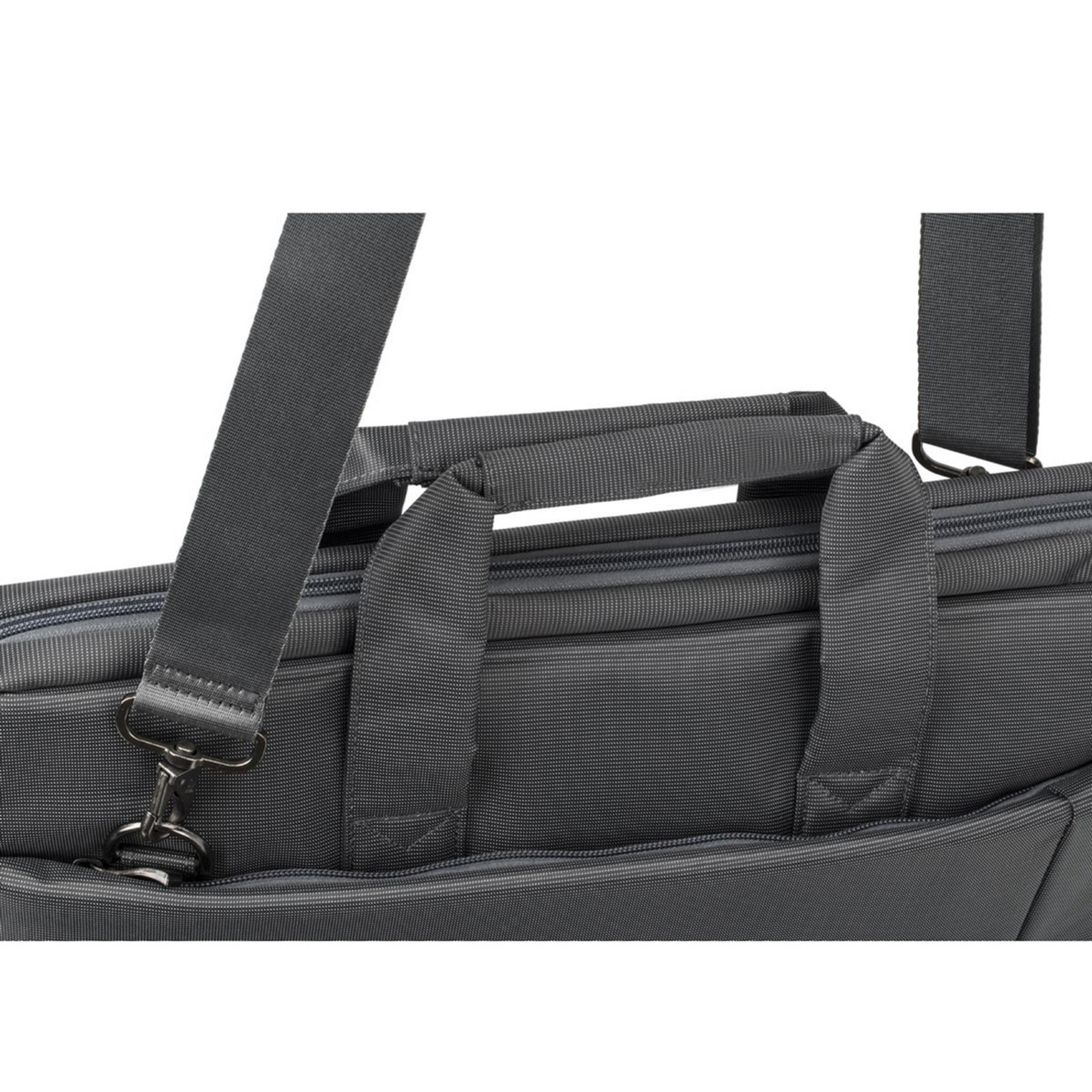 Gray laptop bag with handles and shoulder strap. The bag is on a white surface.