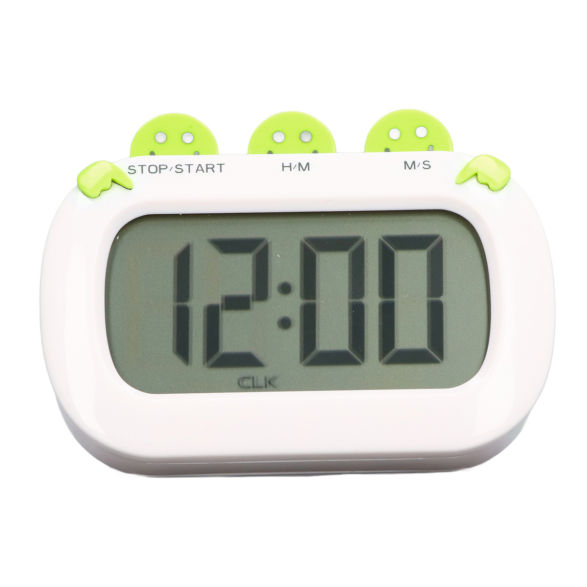 Weißer digitaler Küchentimer mit grünem Rahmen. Zeigt 12:00 an. Knöpfe sind beschriftet.