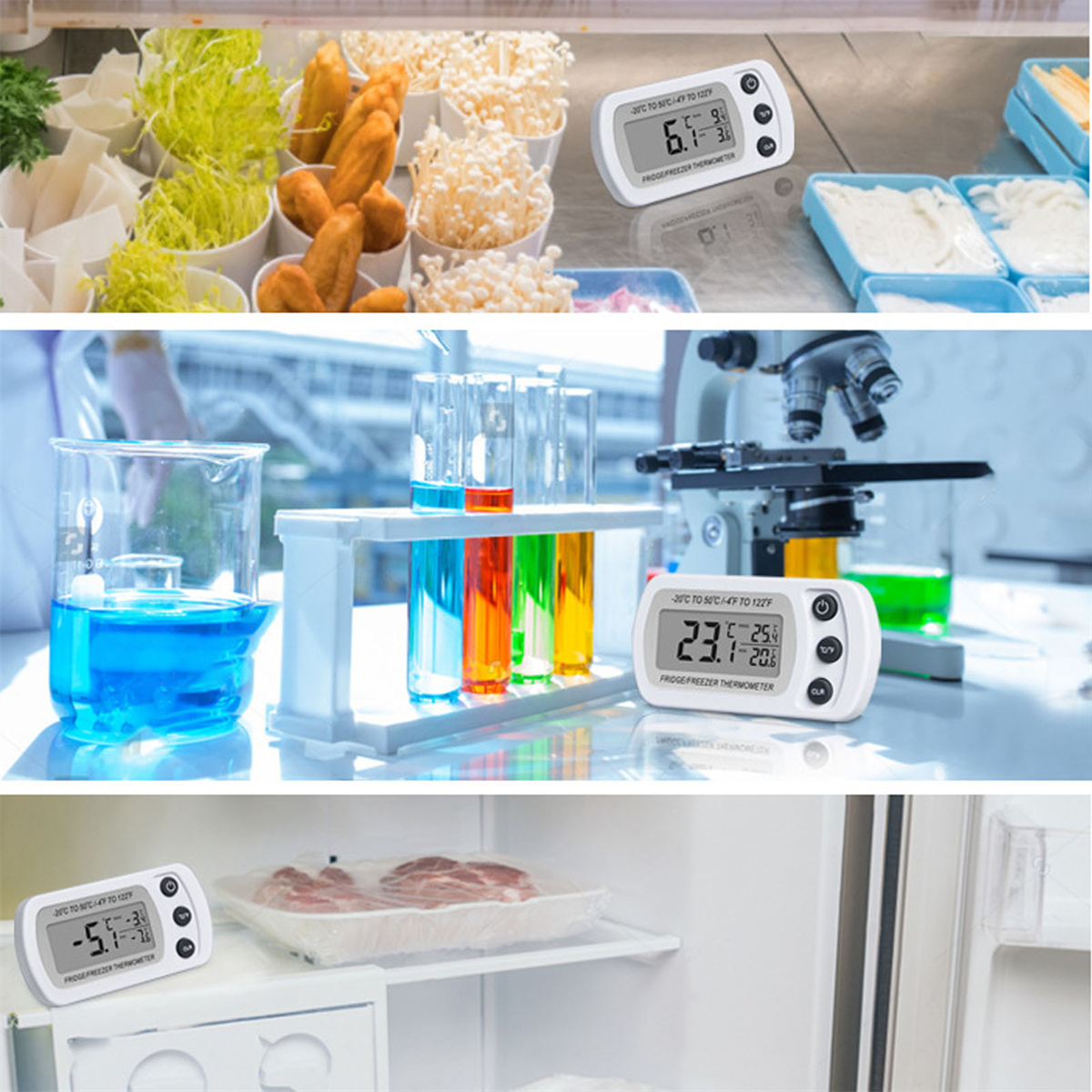 Thermometer zeigen Temperaturen in verschiedenen Umgebungen: Lebensmittel, Labor, Gefrierschrank.