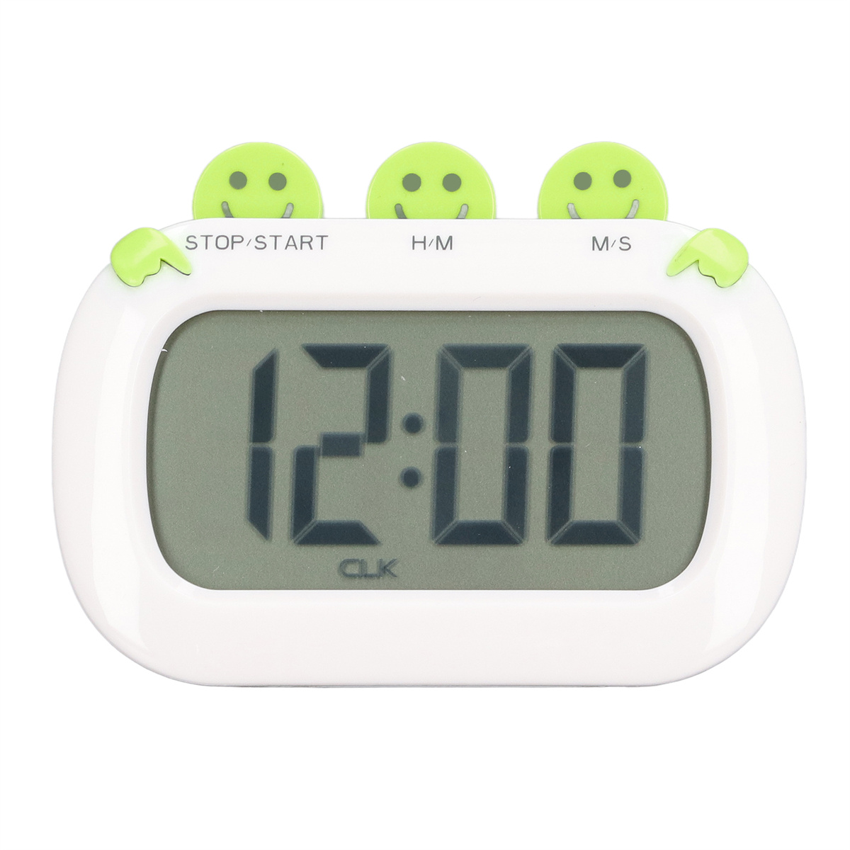 Weißer digitaler Timer mit Smiley-Design, zeigt die Uhrzeit 12:00 an. Tasten sind mit Stopp/Start, Stunden/Minuten und Minuten/Sekunden beschriftet.