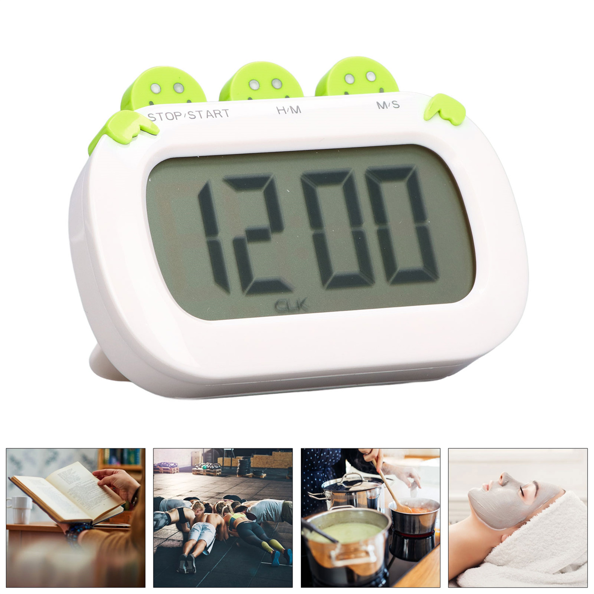 Ein digitaler Küchentimer mit Anzeige '12:00' und mehrere Szenen.