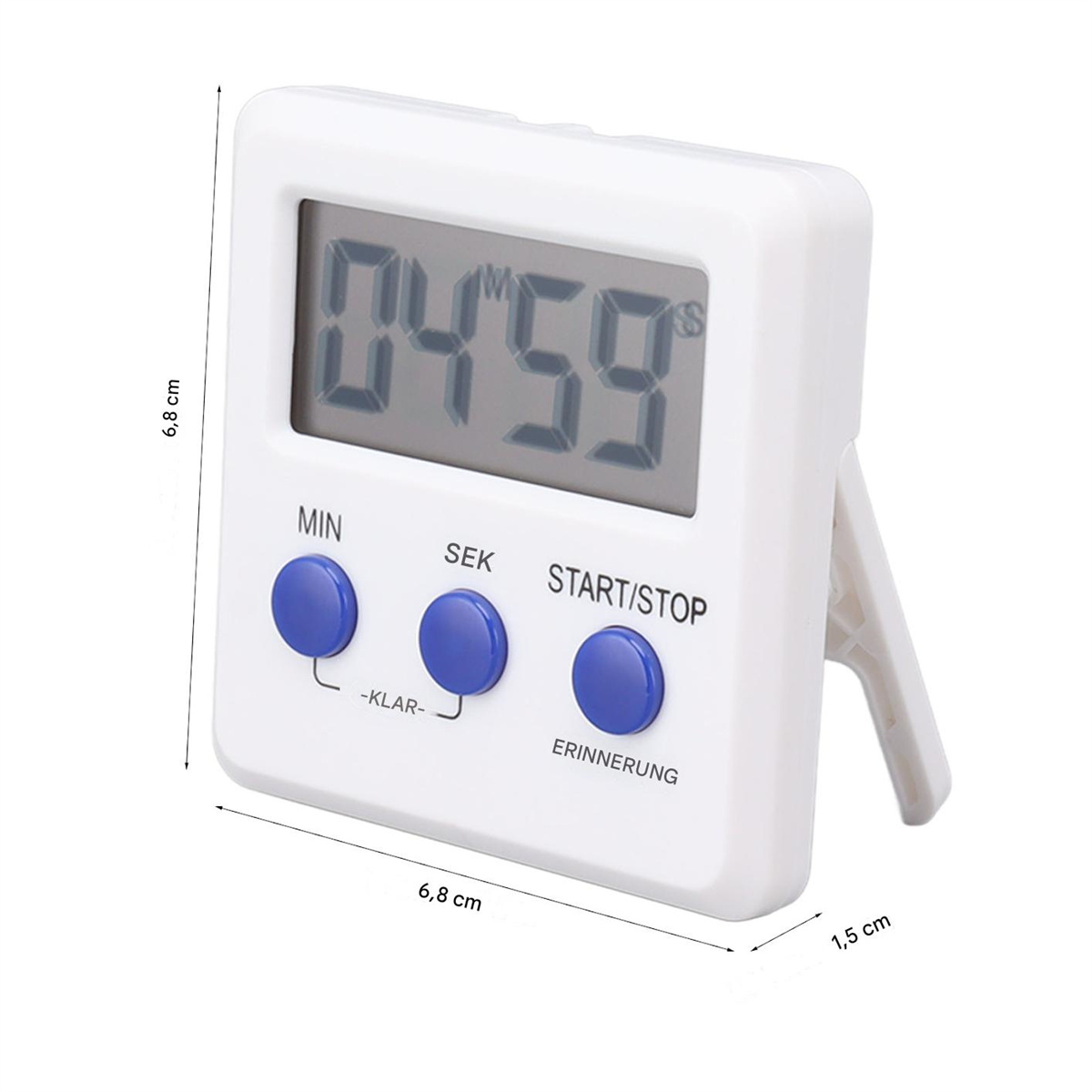 Weißer digitaler Küchentimer mit der Anzeige 04:59. Er hat blaue Knöpfe und einen Ständer.