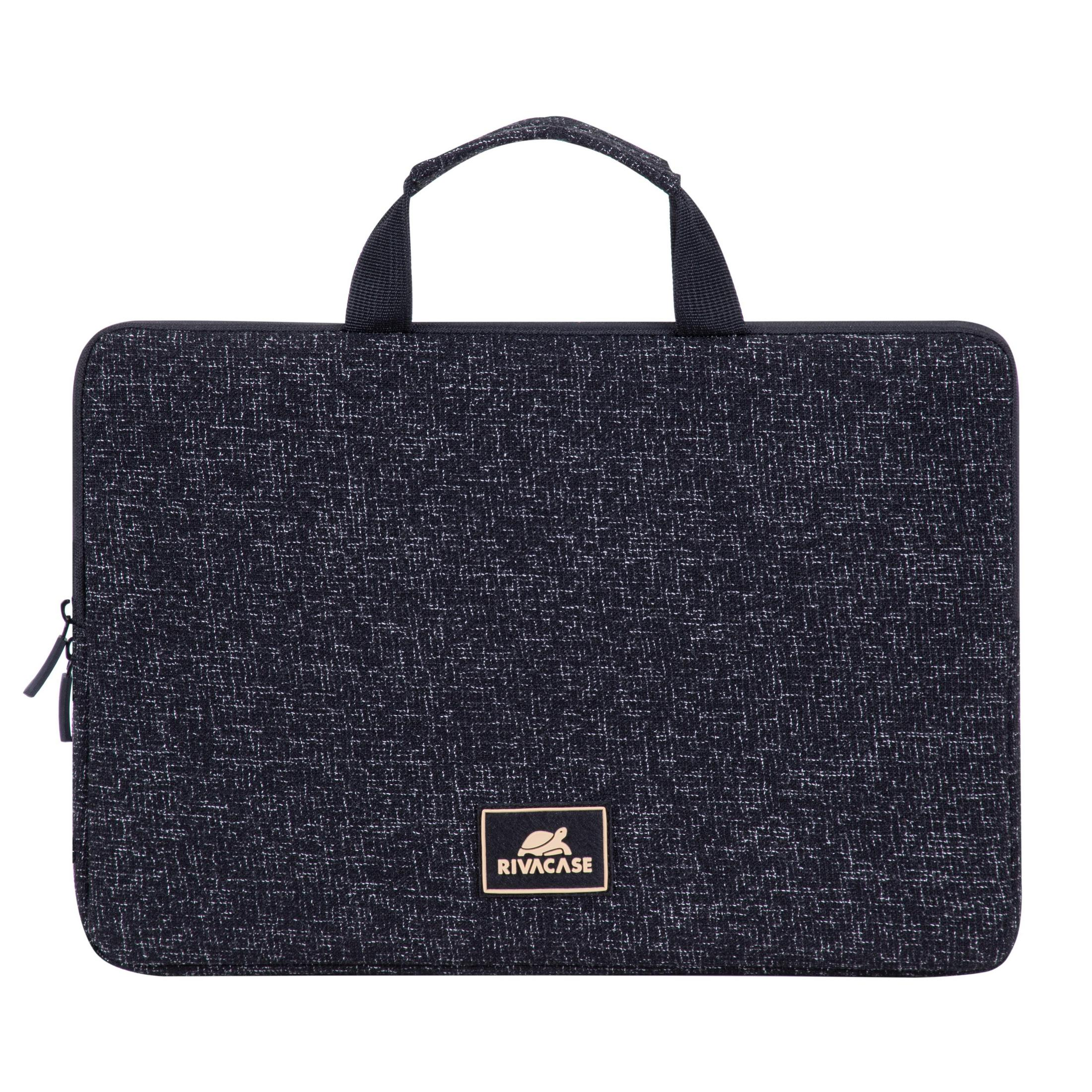 Eine schwarze Laptoptasche mit Griff, Reißverschluss und kleinem goldenen Rivacase-Etikett.
