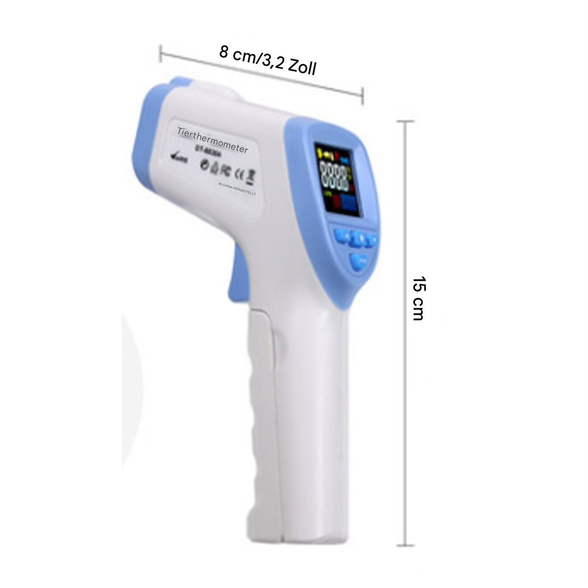 Infrarot-Thermometer. Weiß und blau mit Digitalanzeige. Maßband zeigt Abmessungen.