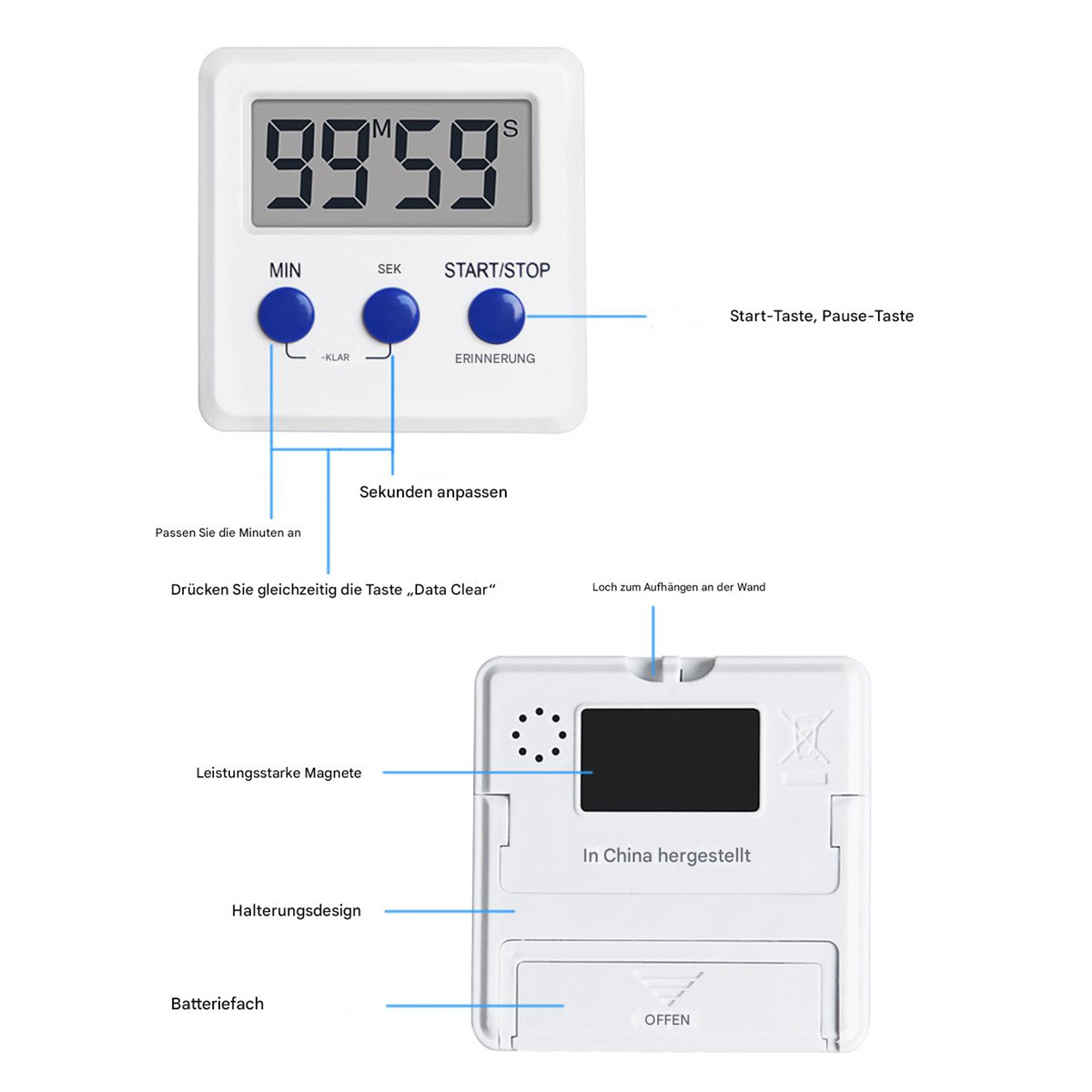 Weißer digitaler Küchentimer mit Knöpfen und Anzeige, mit Annotationen.