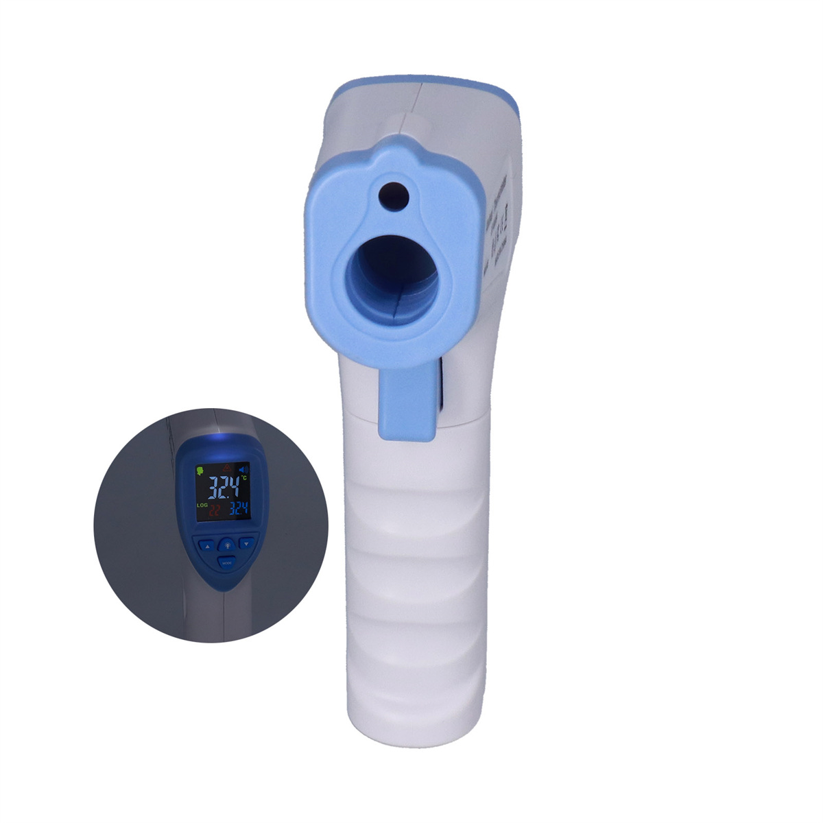 Ein kontaktloses Thermometer mit blau-weißem Design, das eine Temperaturanzeige zeigt.