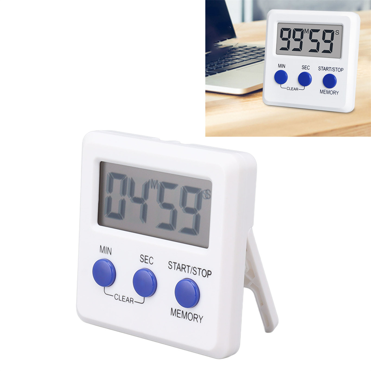 Weißer digitaler Timer mit großer Anzeige, die 04:59 zeigt.