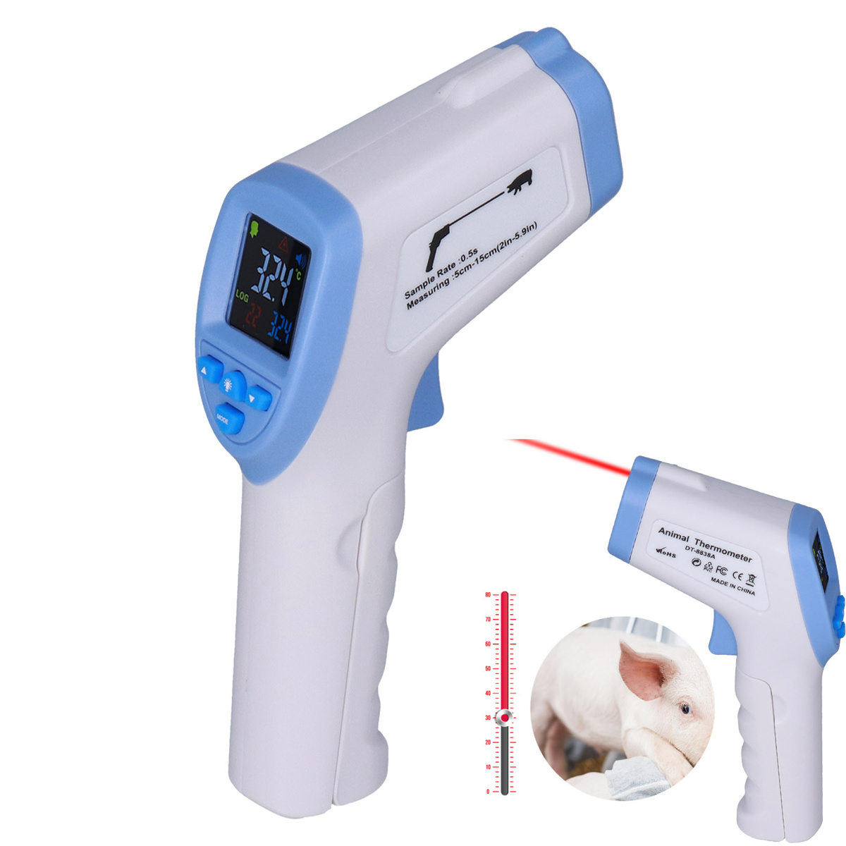 Infrarot-Thermometer mit blau-weißem Griff. Ein roter Laser wird gezeigt. Schwein im Hintergrund.