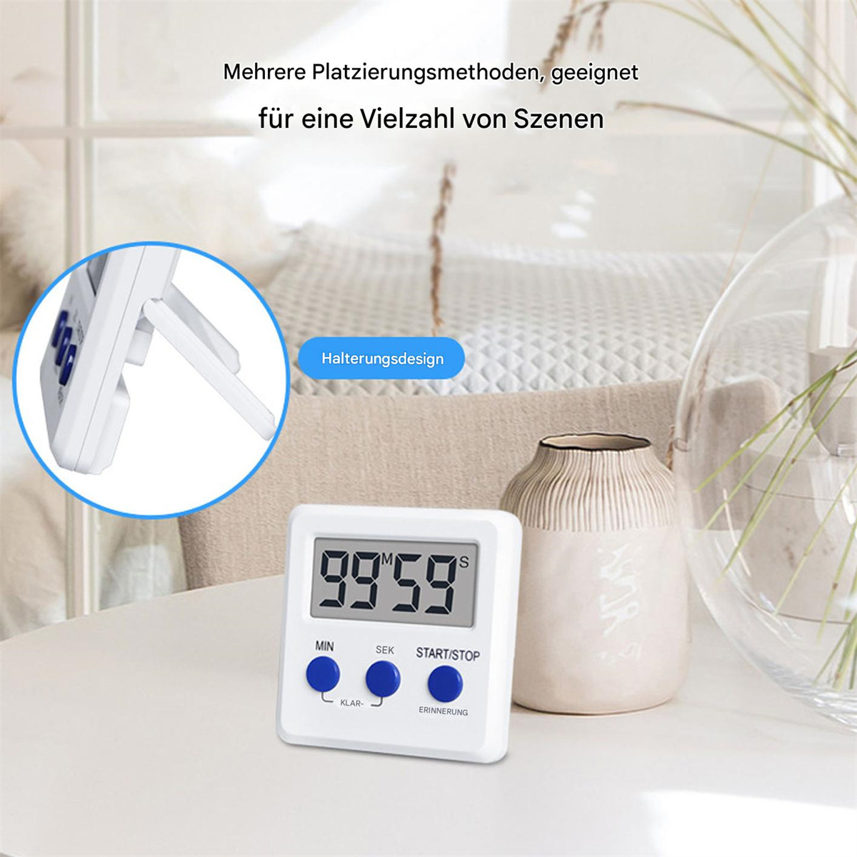 Ein weißer digitaler Küchentimer mit blauen Knöpfen und Zeitanzeige.
