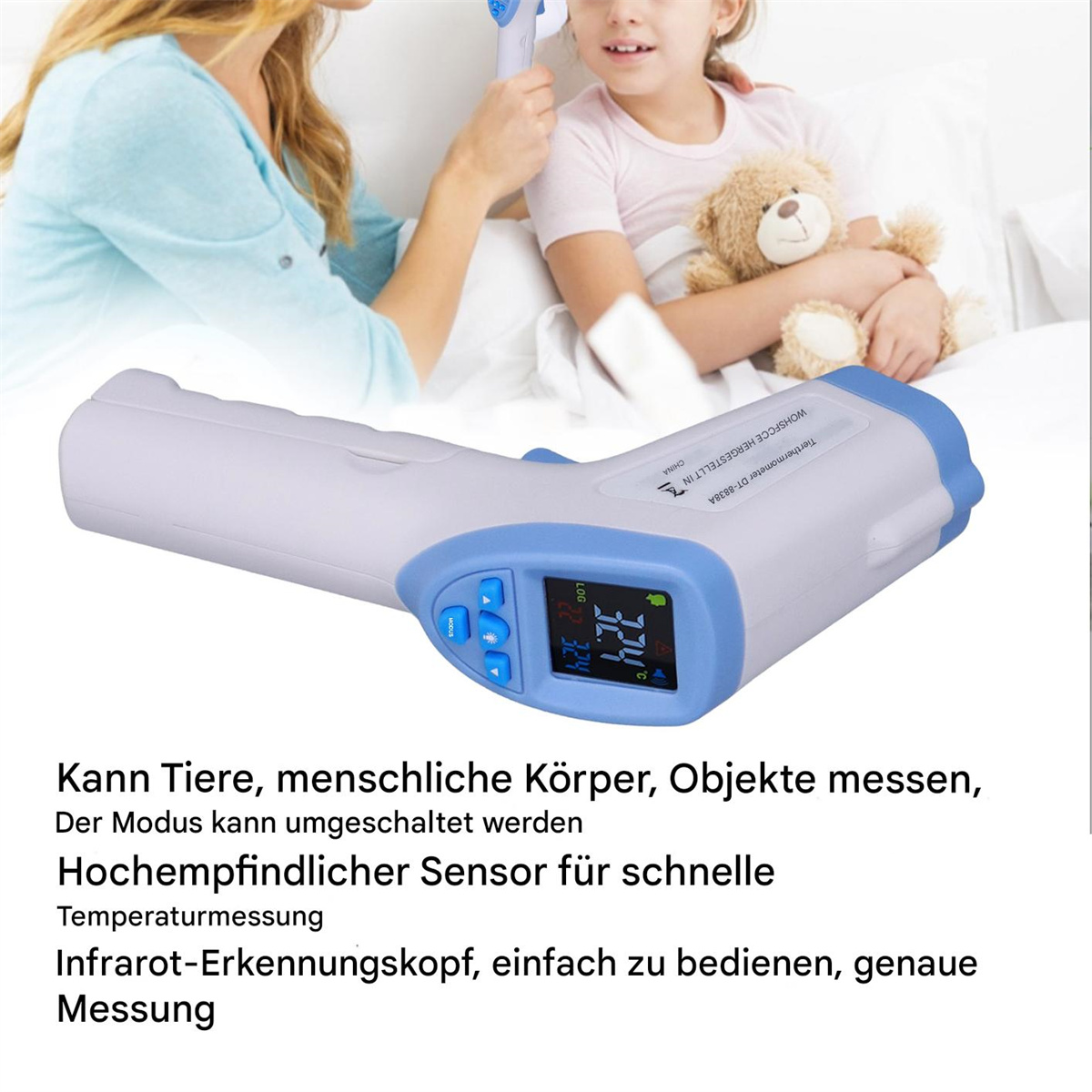 Infrarot-Thermometer, das auf die Stirn einer Person gerichtet ist. Ein Kind und ein Teddybär im Hintergrund.