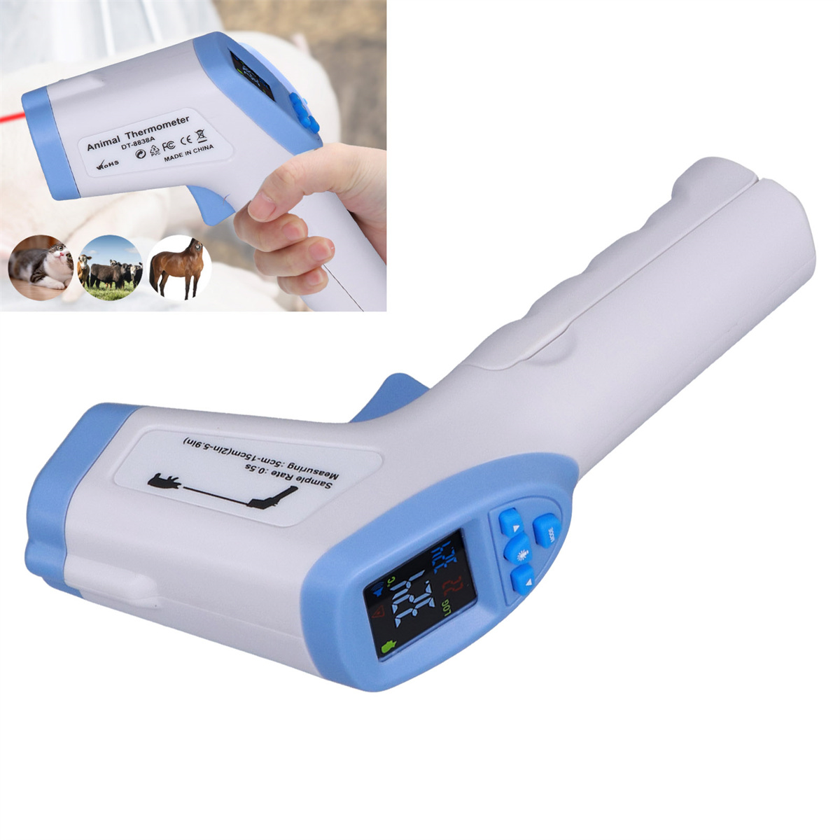 Ein Tierthermometer. Hat einen Bildschirm und Knöpfe. Eine Hand hält es mit Tierbildern.