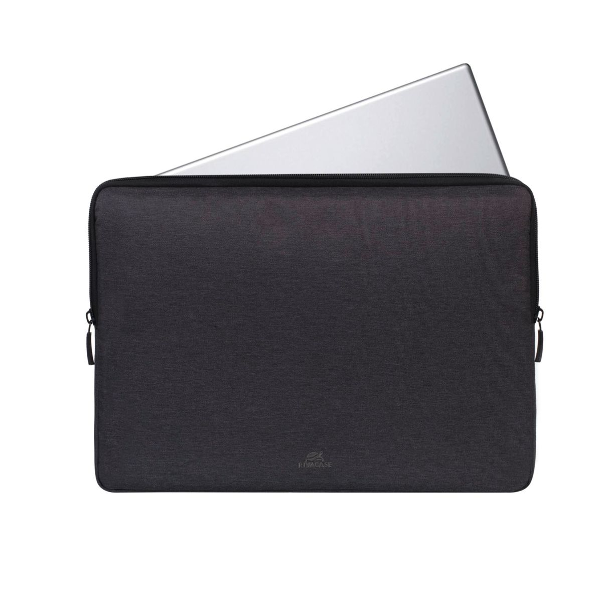 A black laptop sleeve with a laptop inside. The laptop is silver.