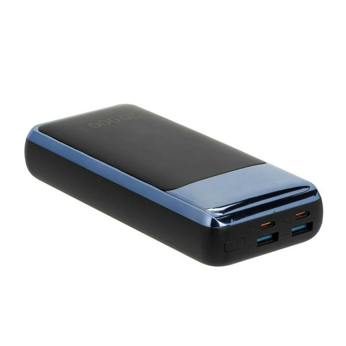 Czarno-niebieski power bank z wieloma portami. Wyświetla '20000' na powierzchni.