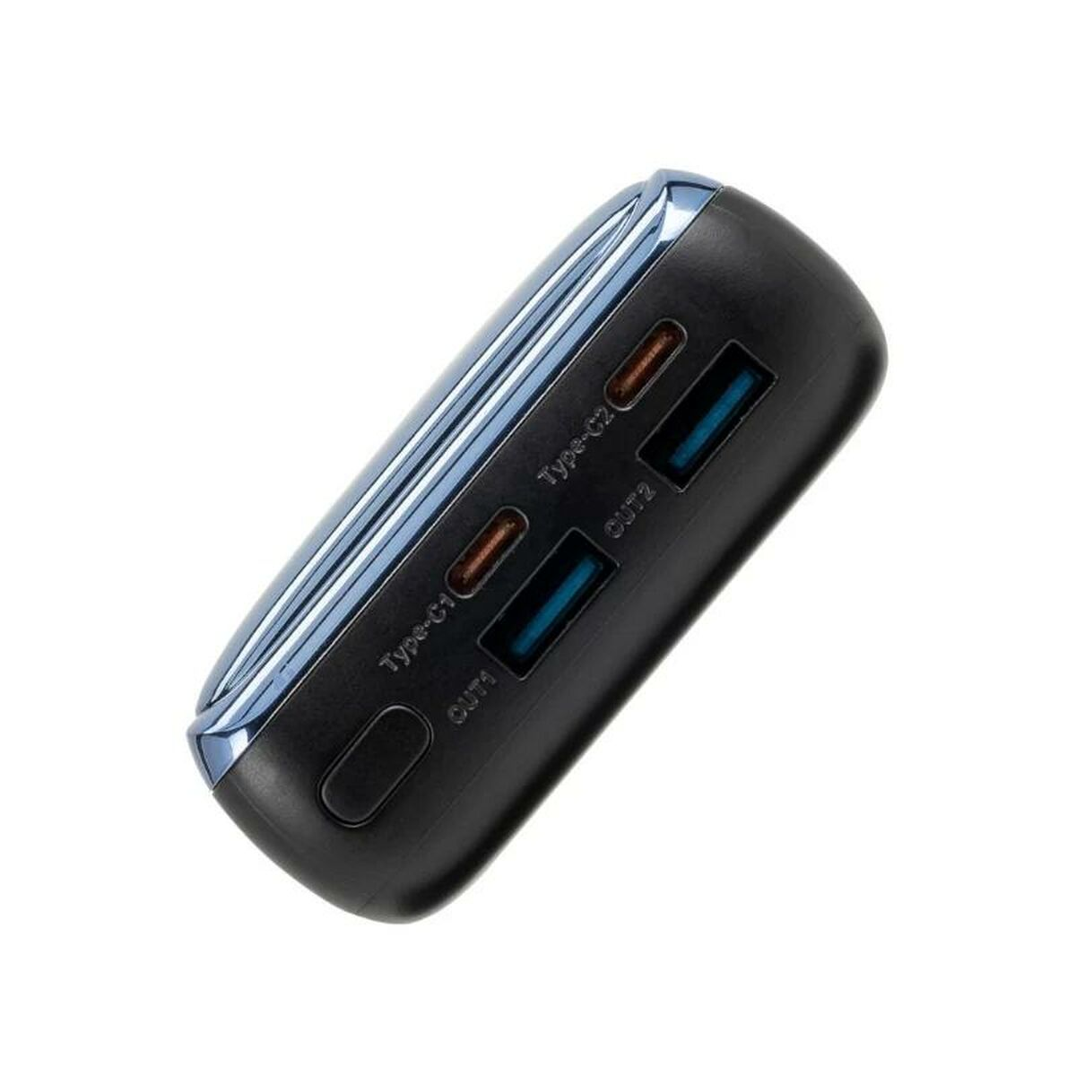 Czarny i niebieski power bank z wieloma portami USB na białym tle.