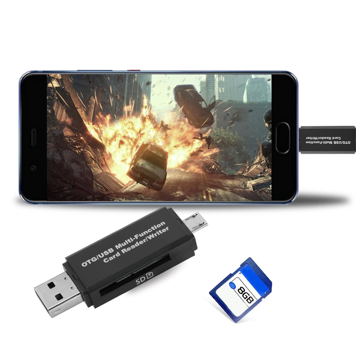 Smartphone, Kartenleser und 8GB SD-Karte mit Videospielszene.