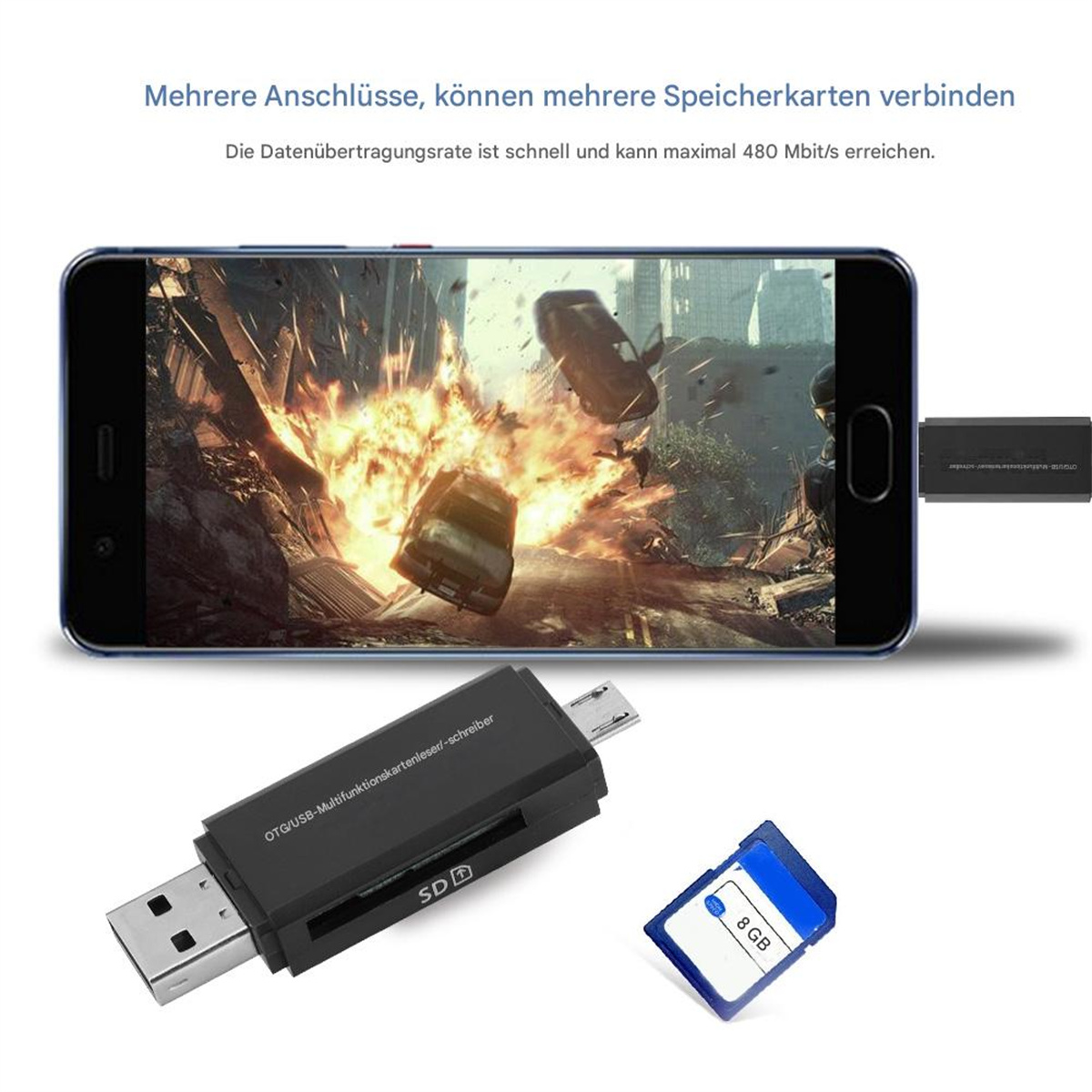 Ein Telefon, das mit einem USB-Adapter verbunden ist und ein Video zeigt. Eine SD-Karte liegt neben dem Adapter.