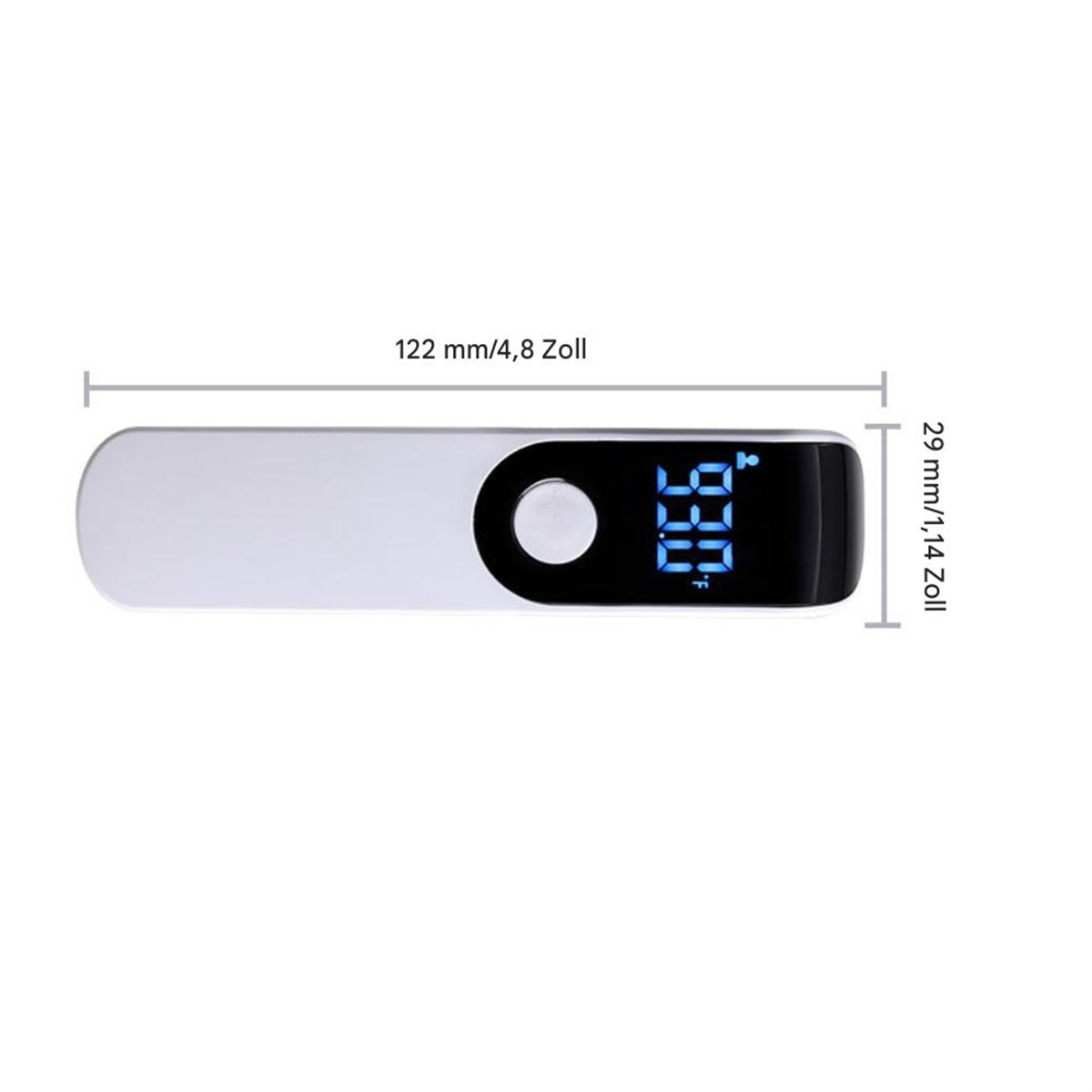 Weißes und schwarzes Thermometer. Anzeige zeigt 93,0°F. Abmessungen sind angegeben.